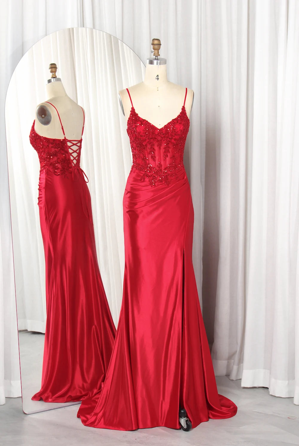 Red sequin evening dress with spaghetti straps, V-neck, fitted satin skirt