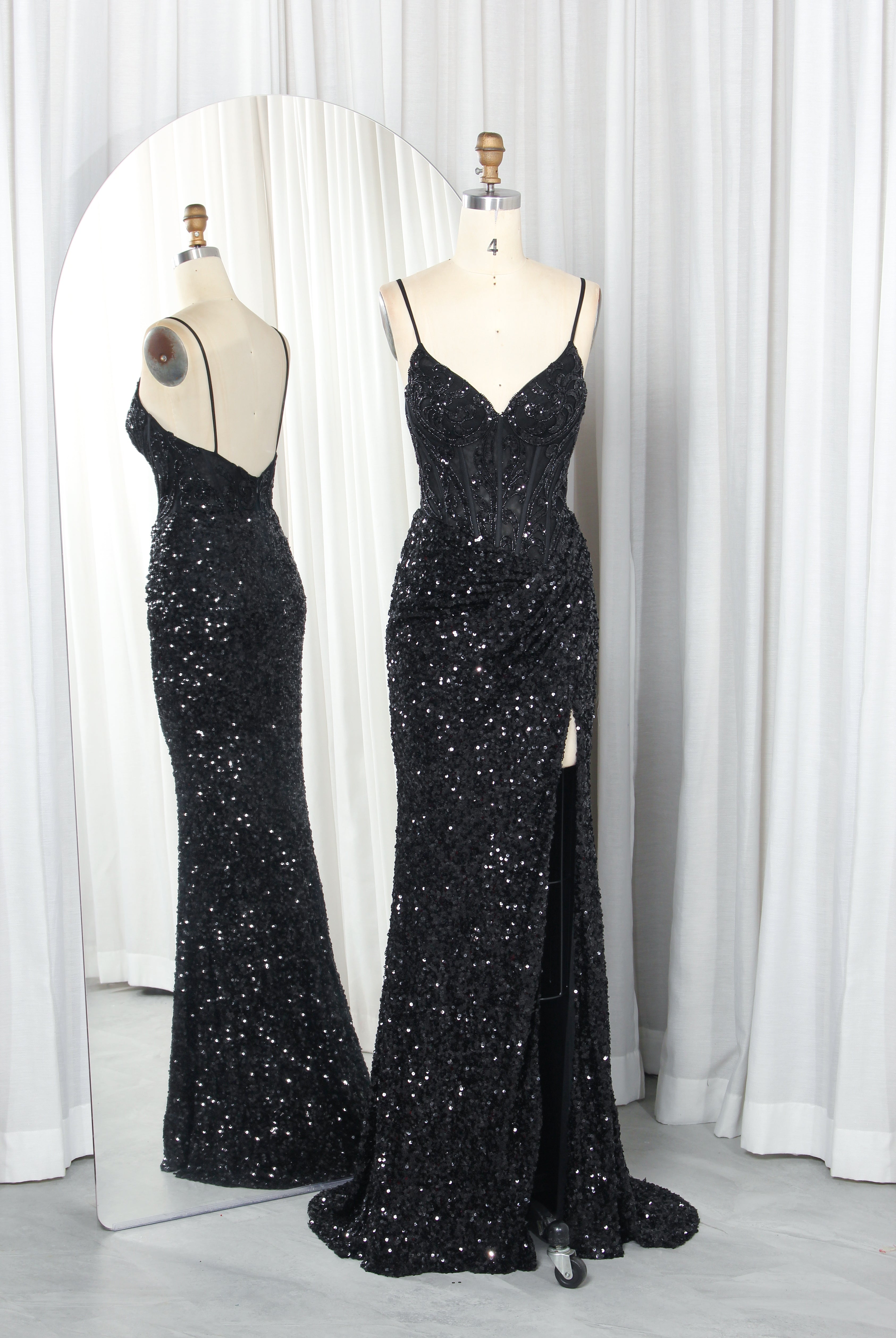 Sequin Satin Prom Dress with Beaded Bodice, Spaghetti Straps & Slit – TFB6010 Black