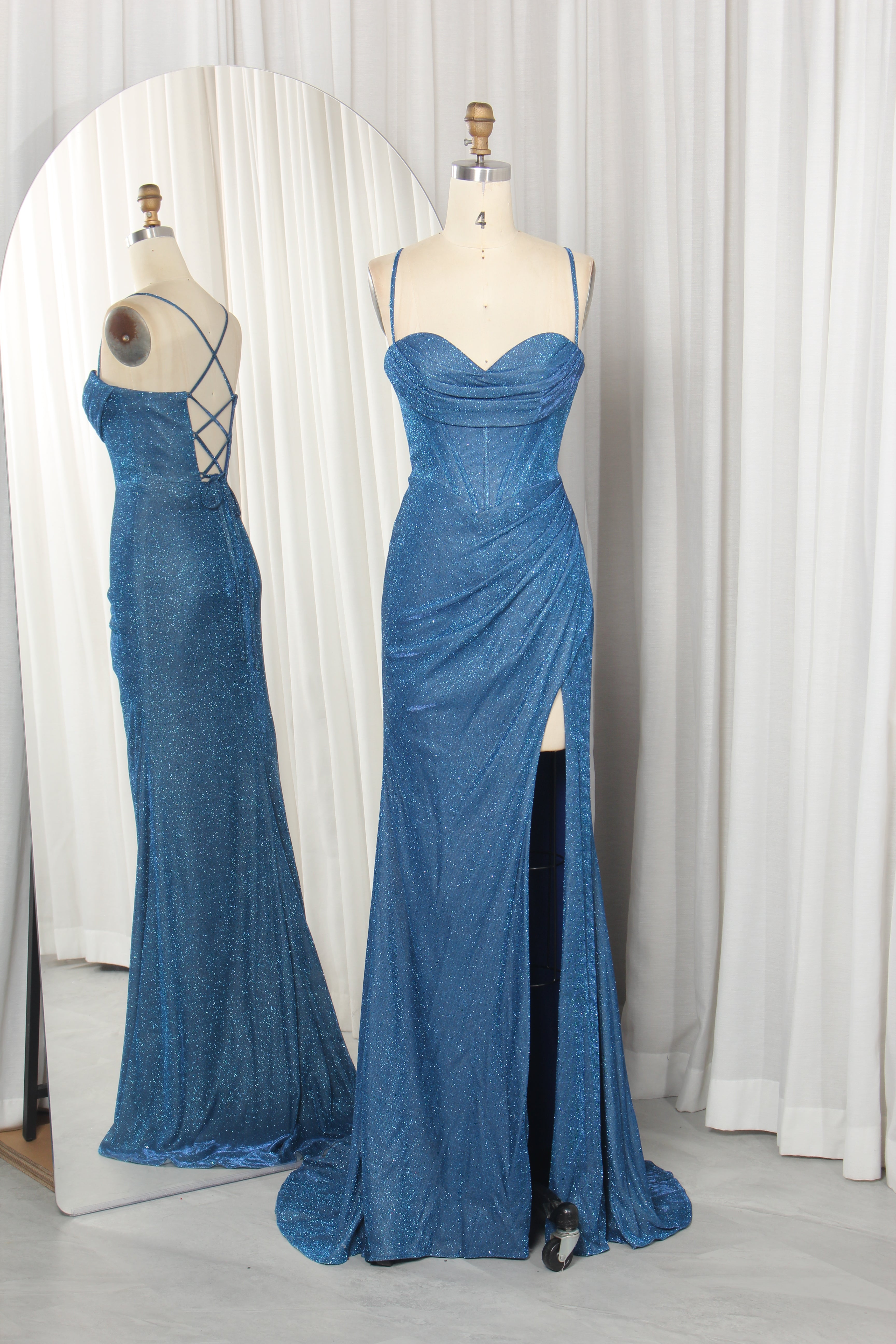 Blue glitter satin corset gown with sweetheart neckline and lace-up crisscross back