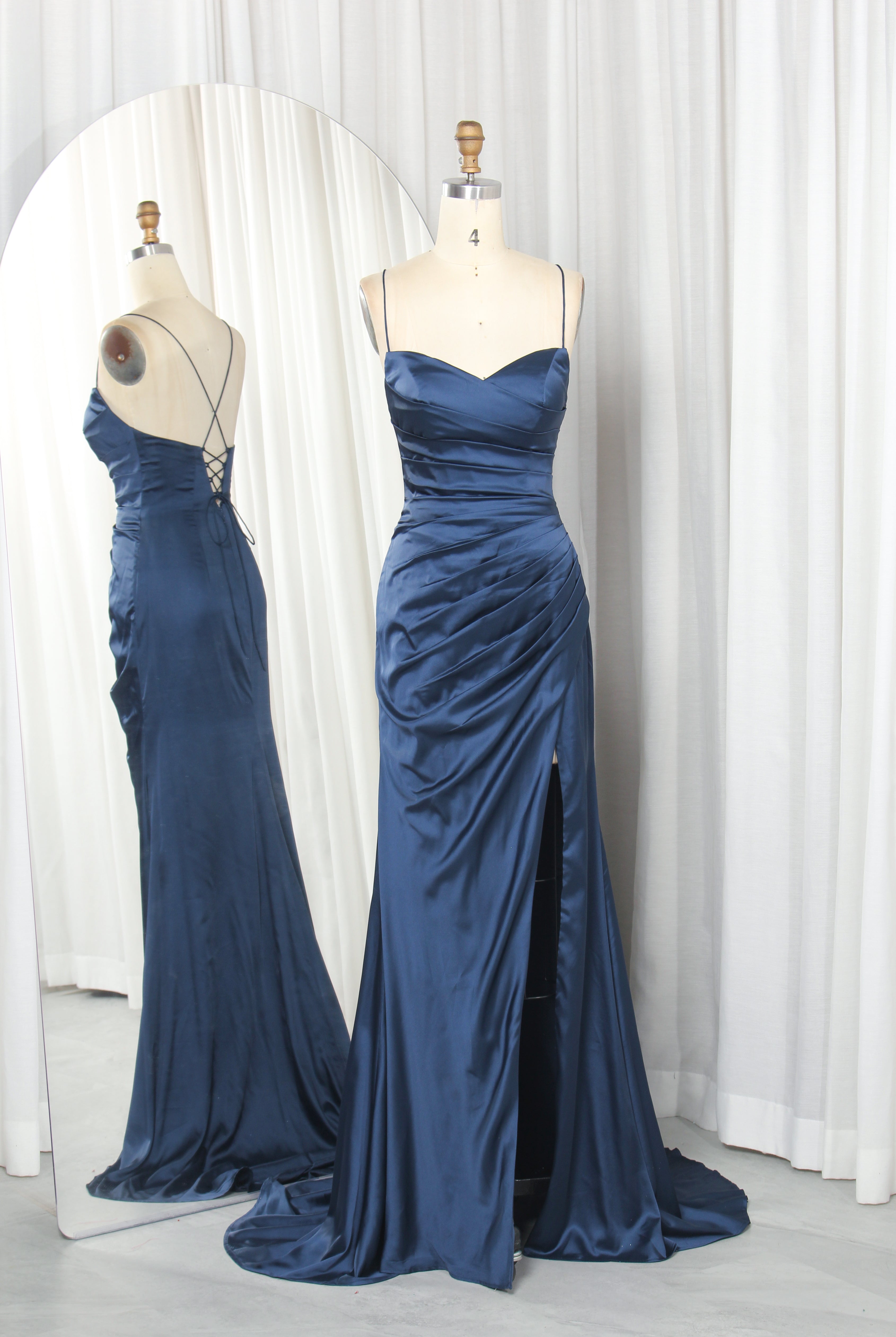 Romantic Satin Prom Dress with Sweetheart Neckline, Spaghetti Straps & Train – TFB6006 Navy