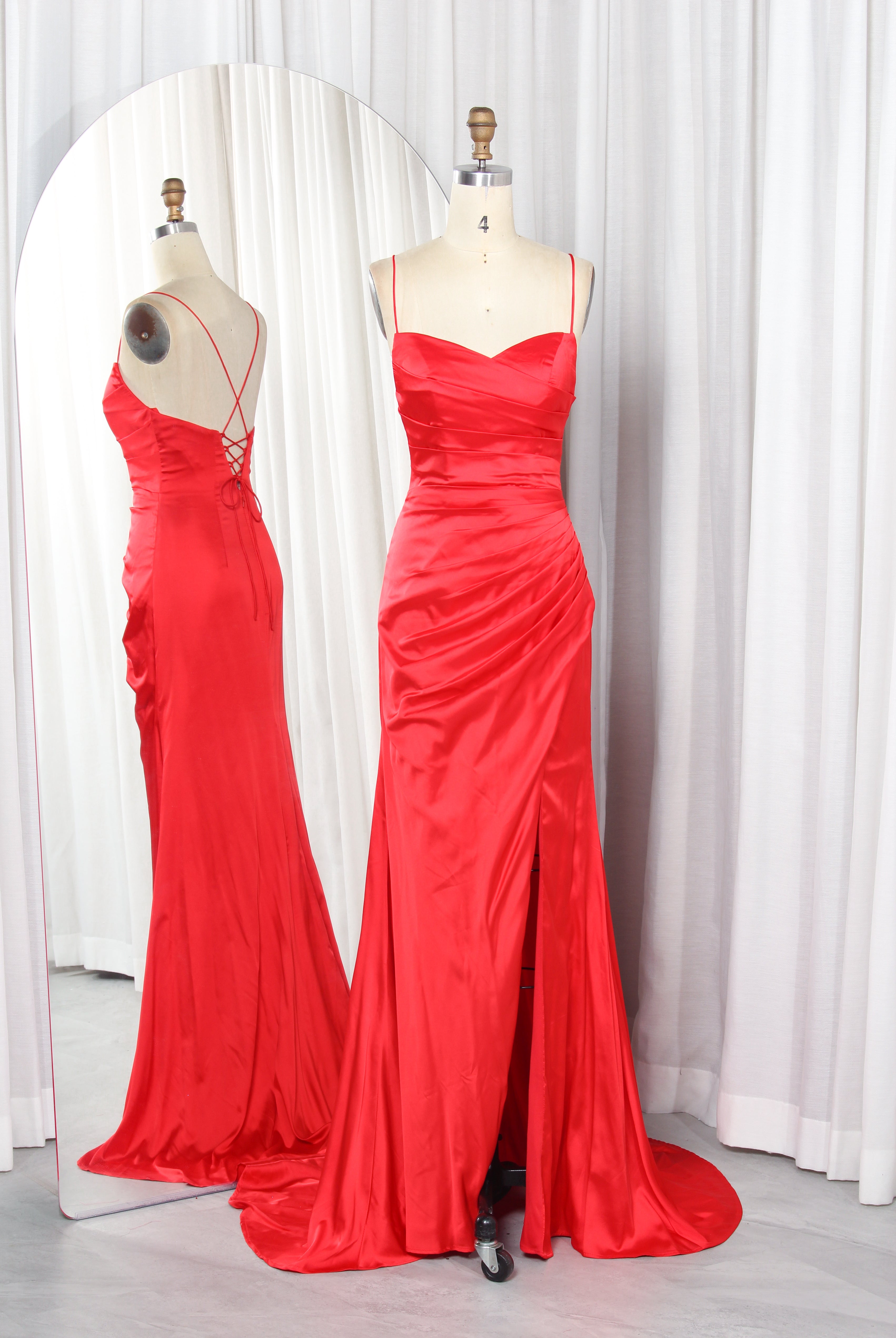 Romantic Satin Prom Dress with Sweetheart Neckline, Spaghetti Straps & Train – TFB6006 Red