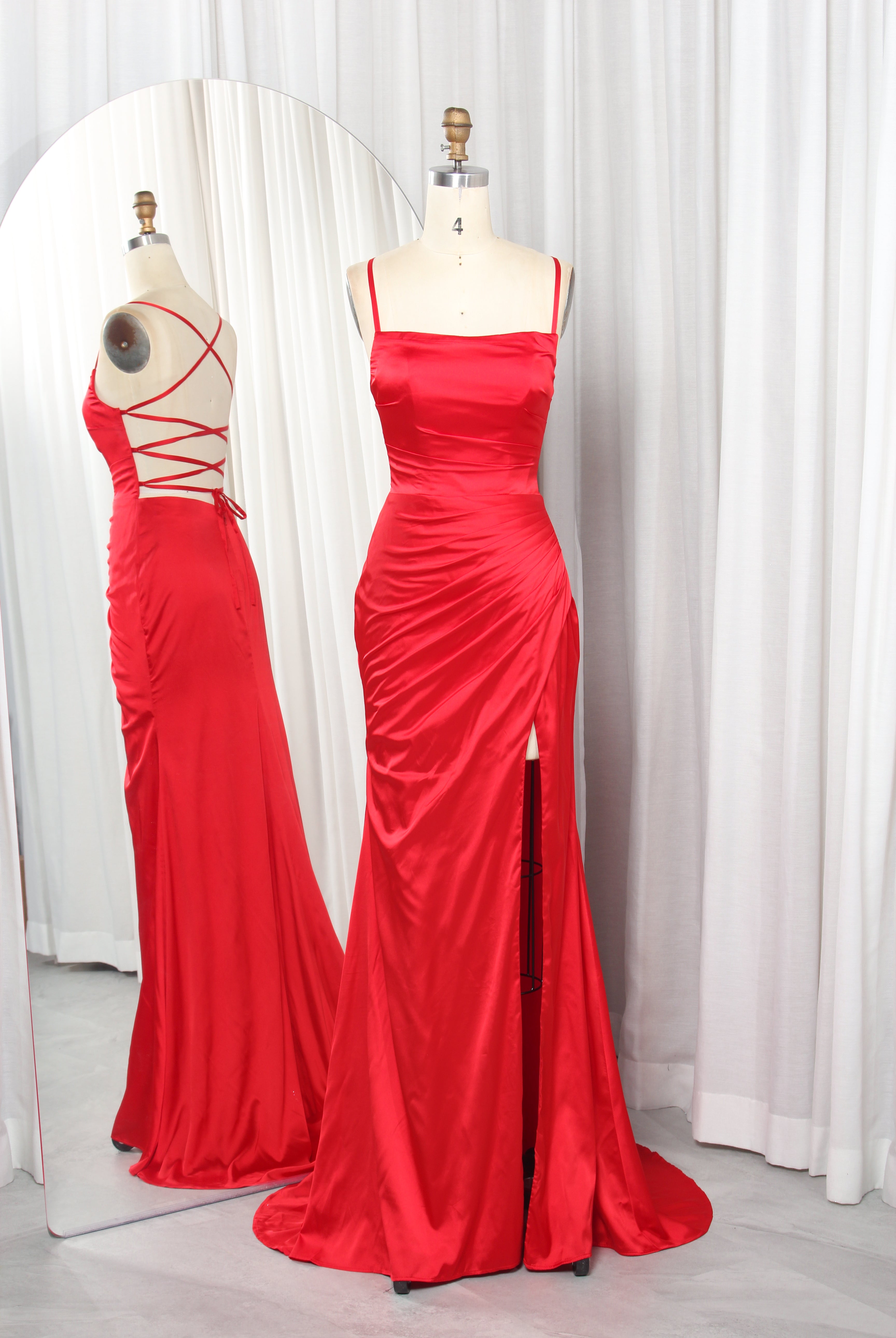 Spaghetti Strap Ruched Satin Prom Dress with Slit – TFB6003 Red