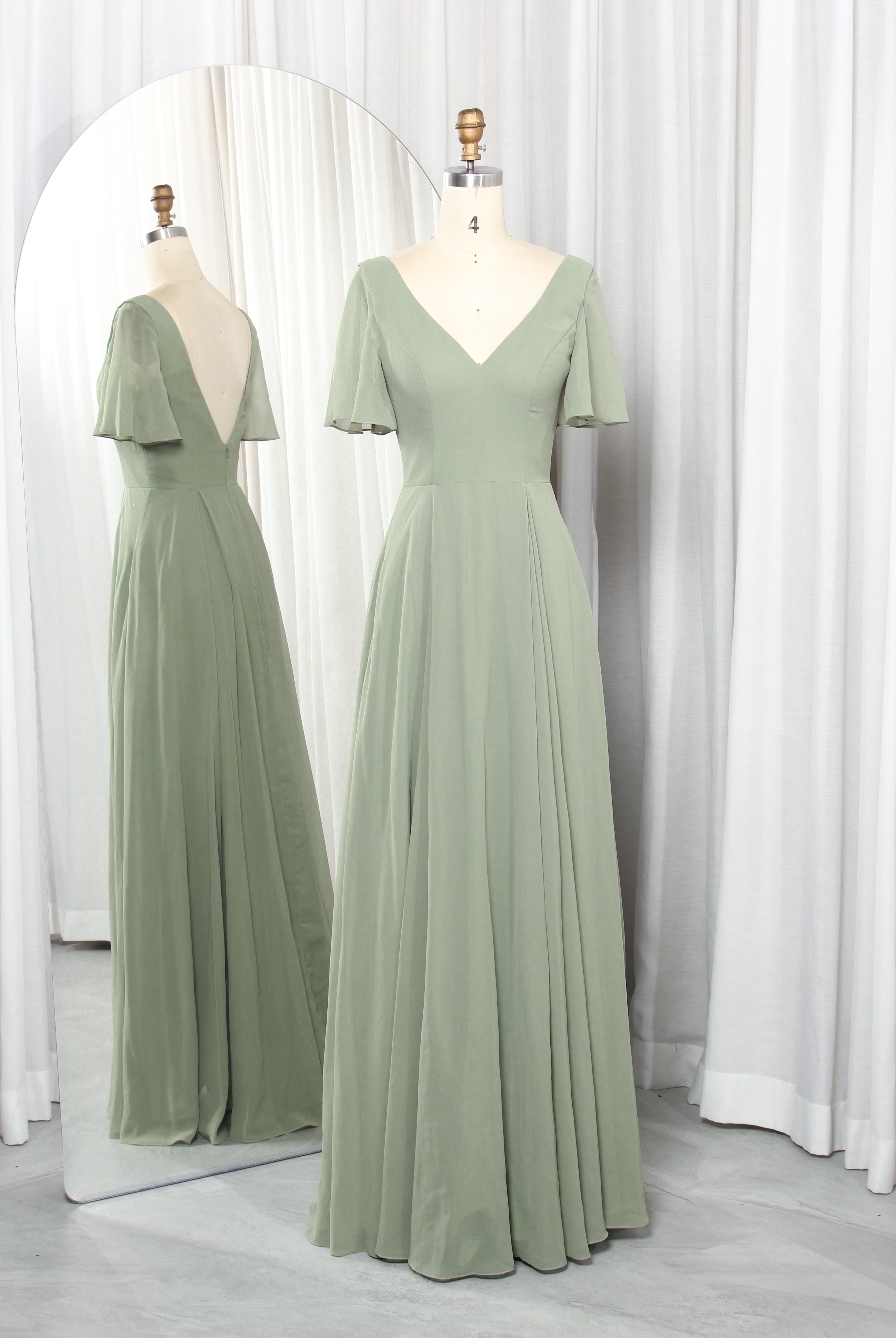 V-Neck Chiffon Prom Dress with Short Flutter Sleeves & A-Line Silhouette – TFB6014