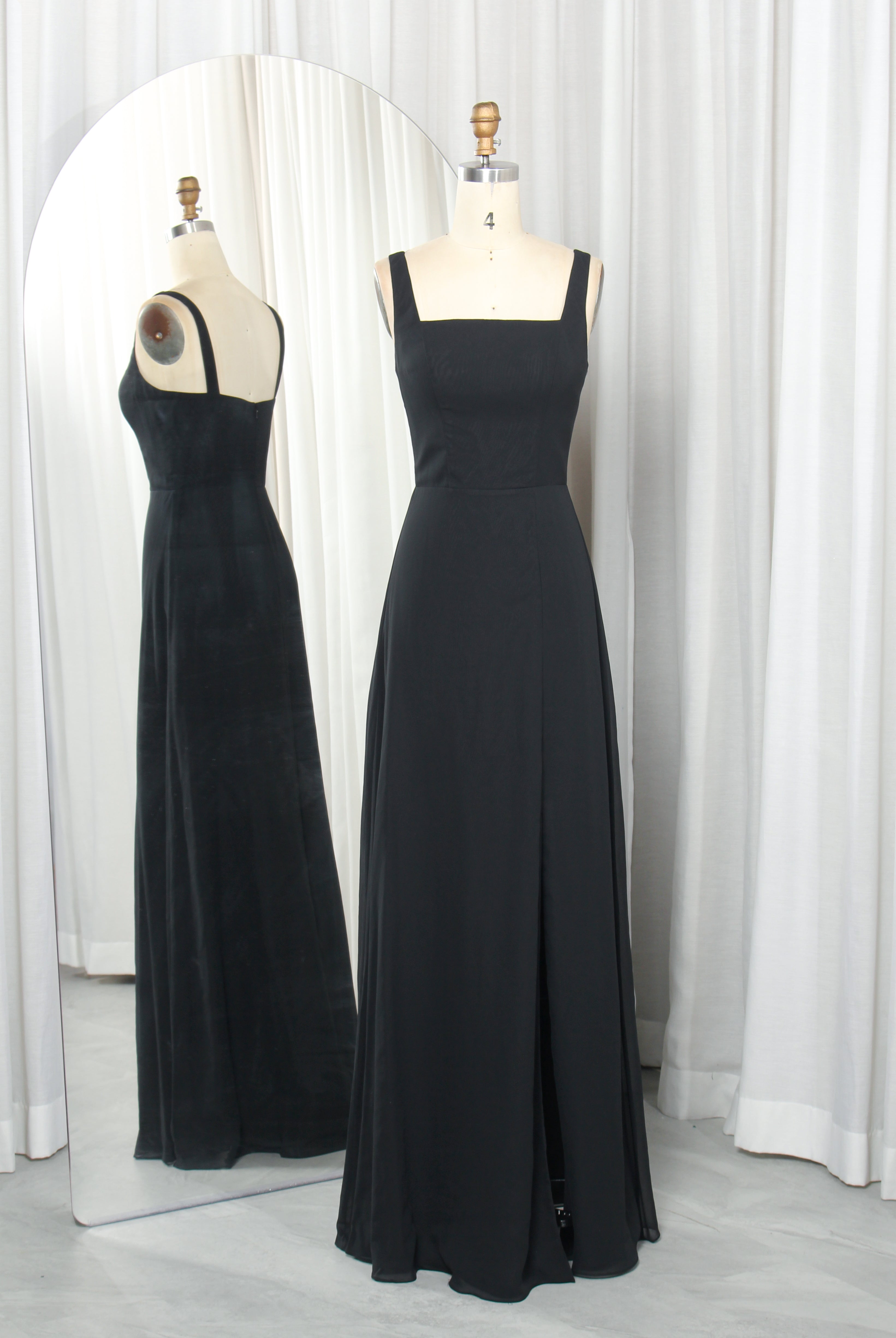 Square Neck Chiffon Prom Dress with Delicate Straps & Side Slit – TFB6017 Black