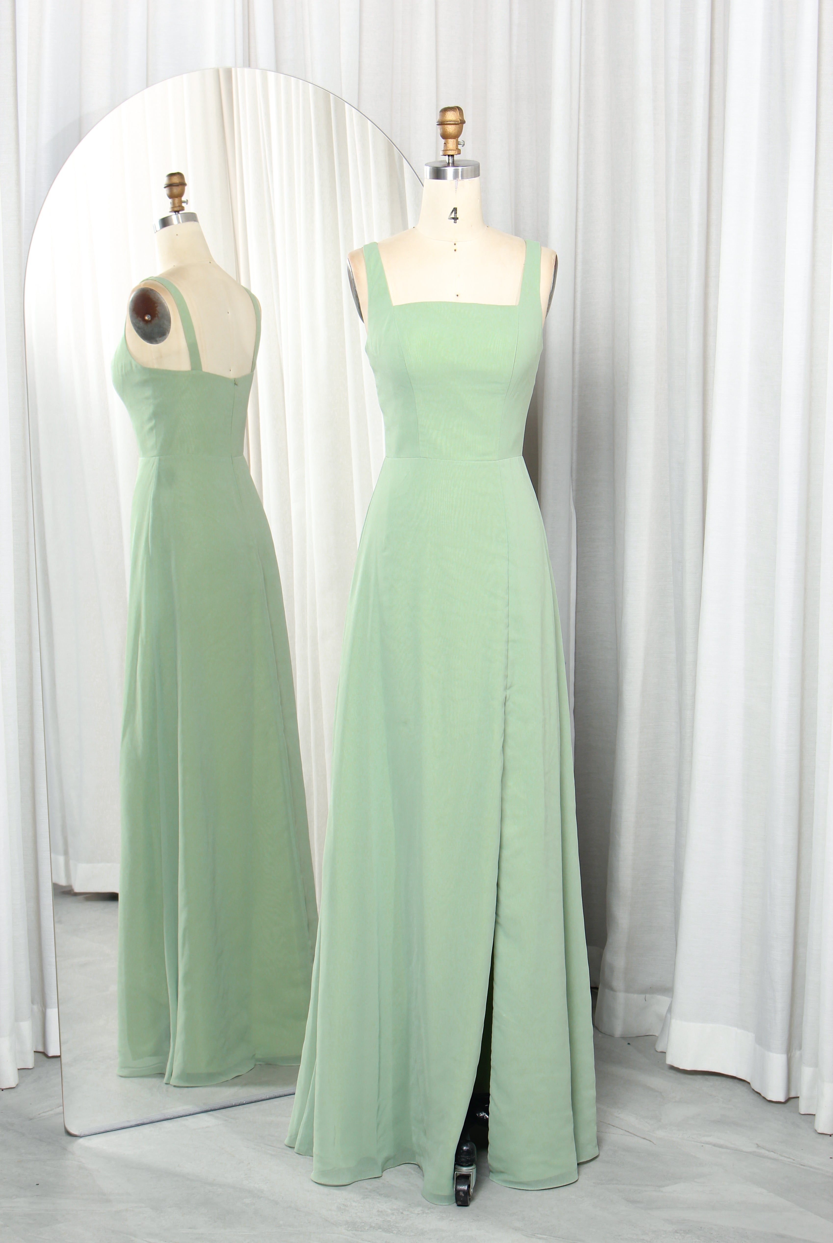 Square Neck Chiffon Prom Dress with Delicate Straps & Side Slit – TFB6017 Sage