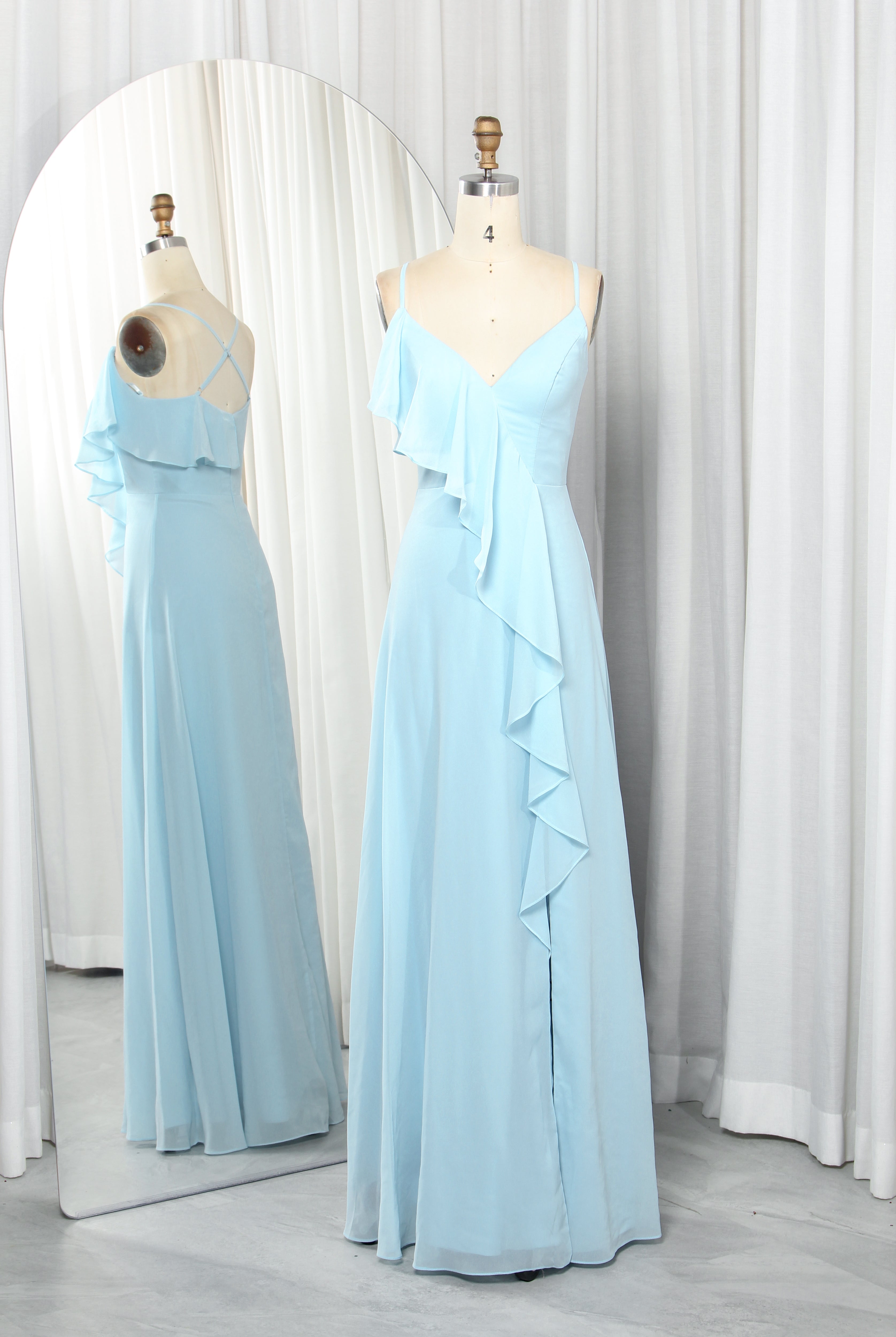 Ruffled Chiffon Prom Dress with Spaghetti Straps & Side Slit -TFB6023