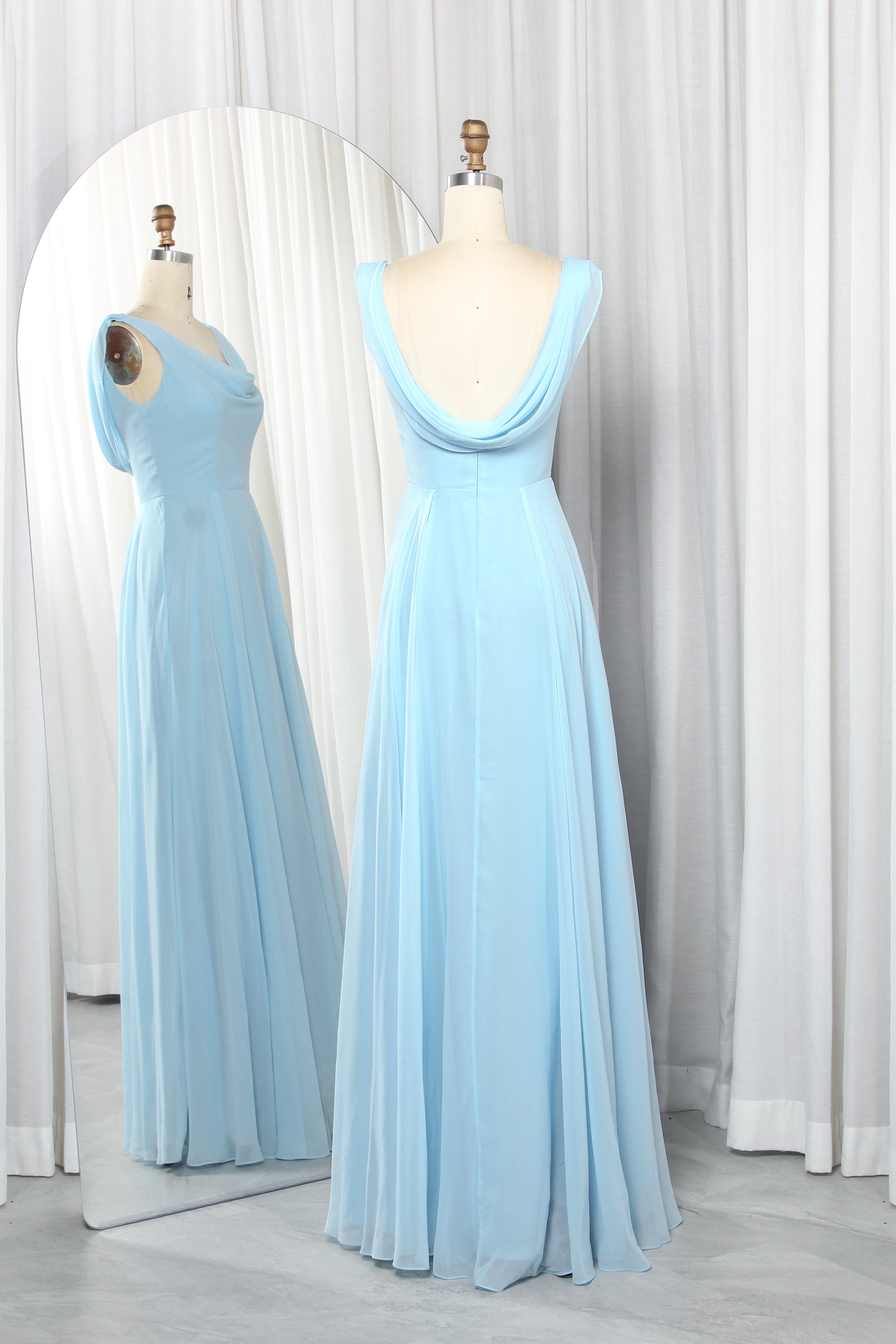 cowl neck chiffon dress with a draped back.