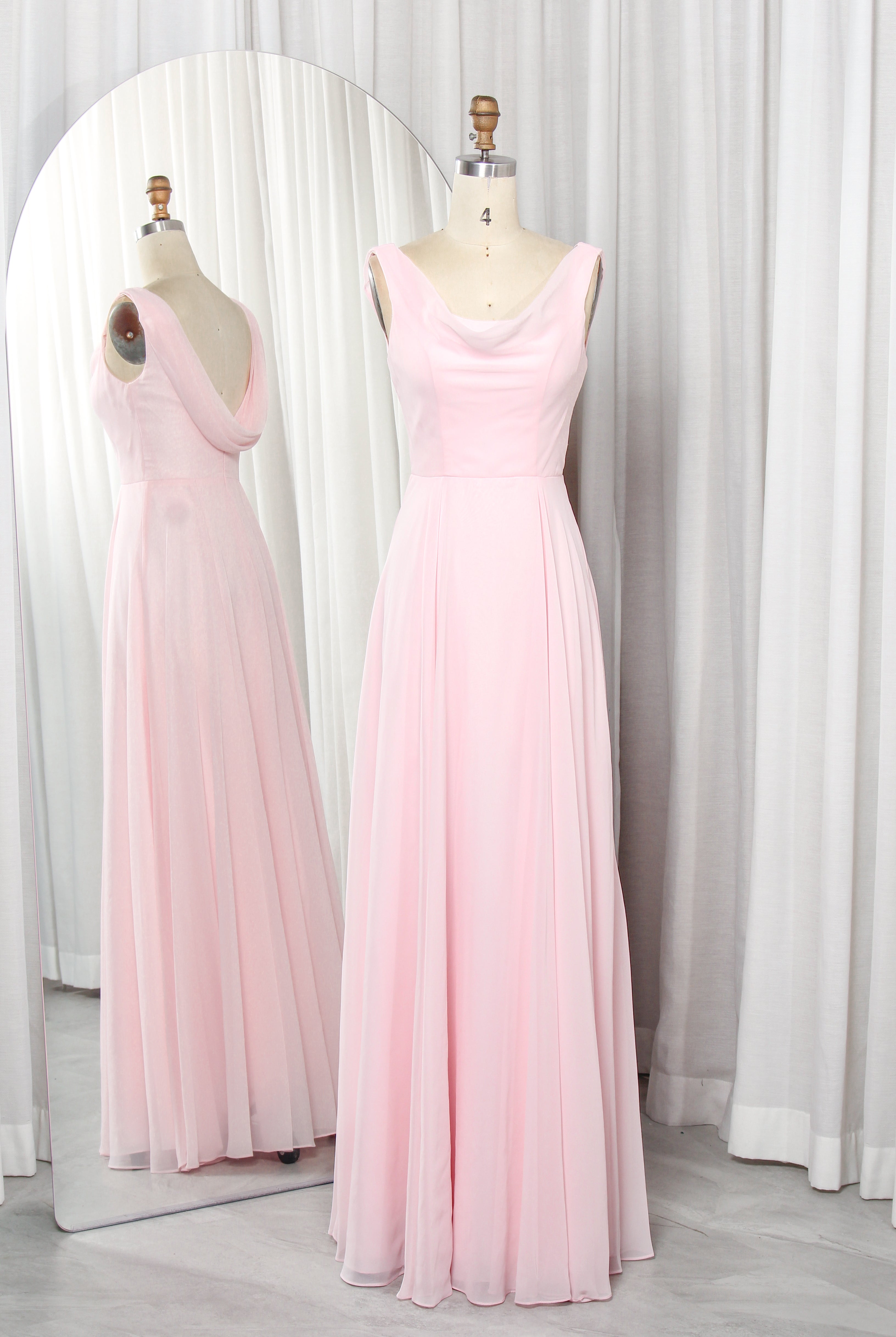 Sleeveless Chiffon Prom Dress with Draped Cowl Neck & A-Line Skirt – TFB6016 Pink