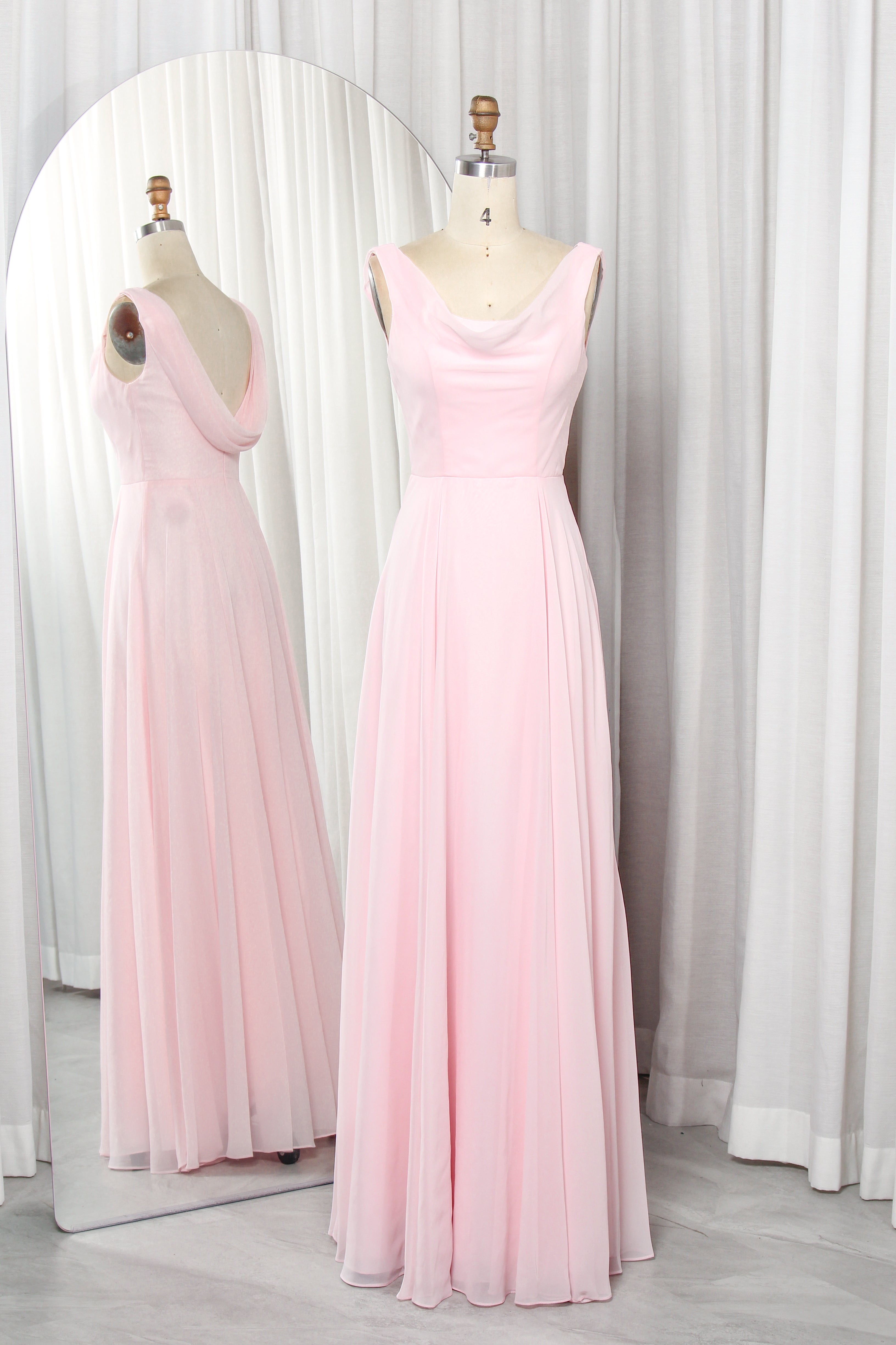 cowl neck chiffon dress with a draped back.
