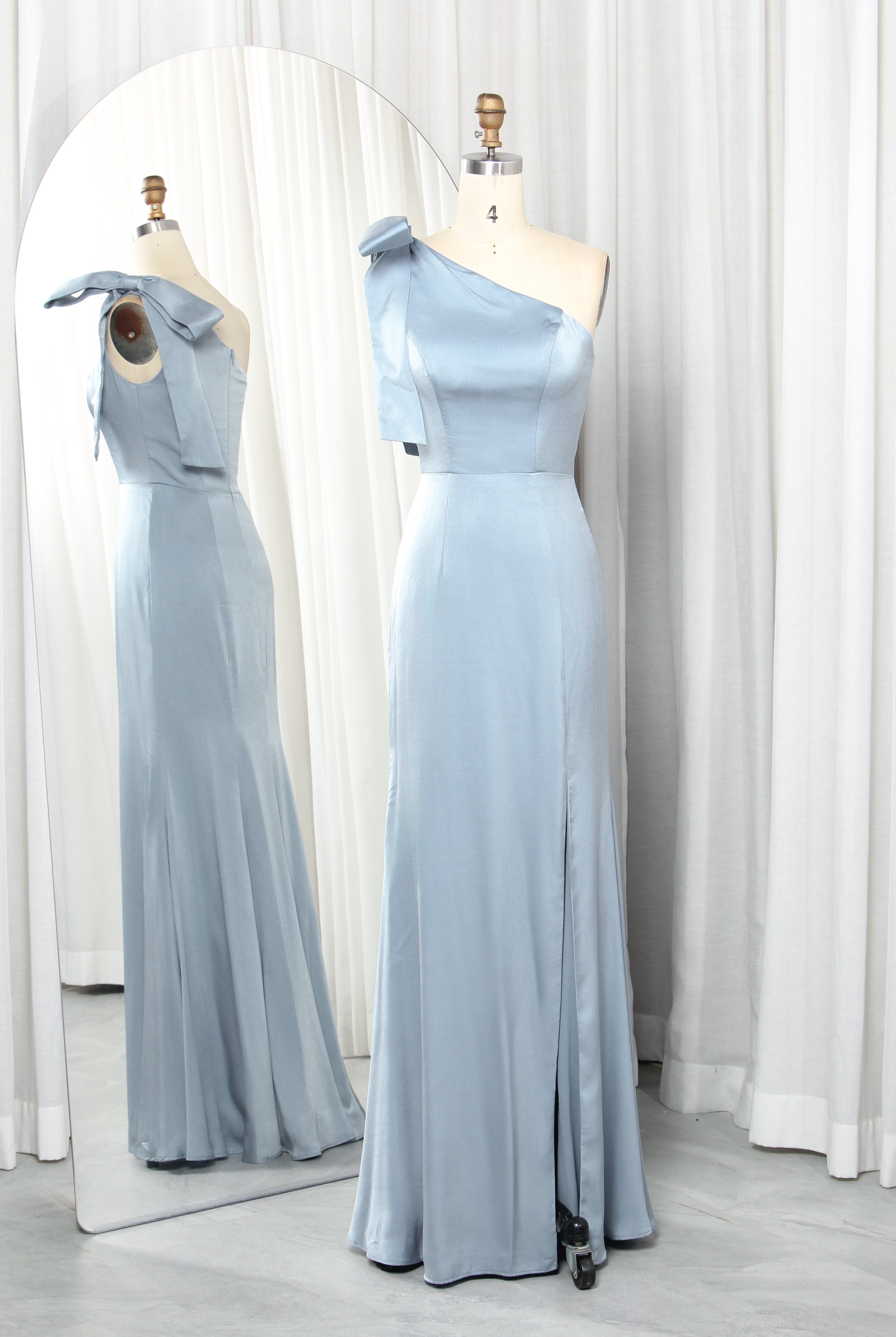 One-Shoulder Bow Satin Prom Gown with Slit – TFB6002 Dusty Blue