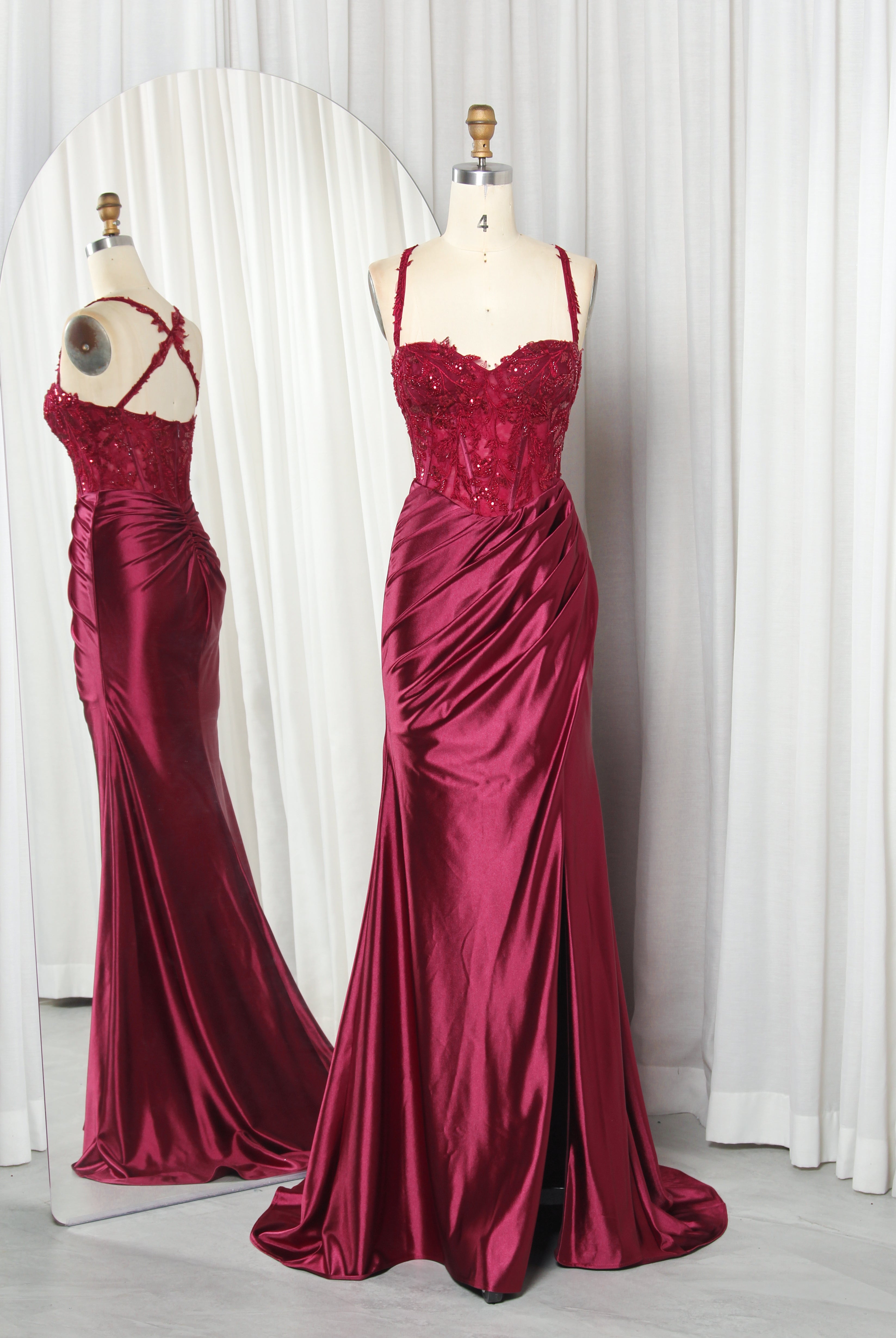 Exquisite Beaded Lace Corset Satin Slit Mermaid Gown TFB 6022 | blissfulprom