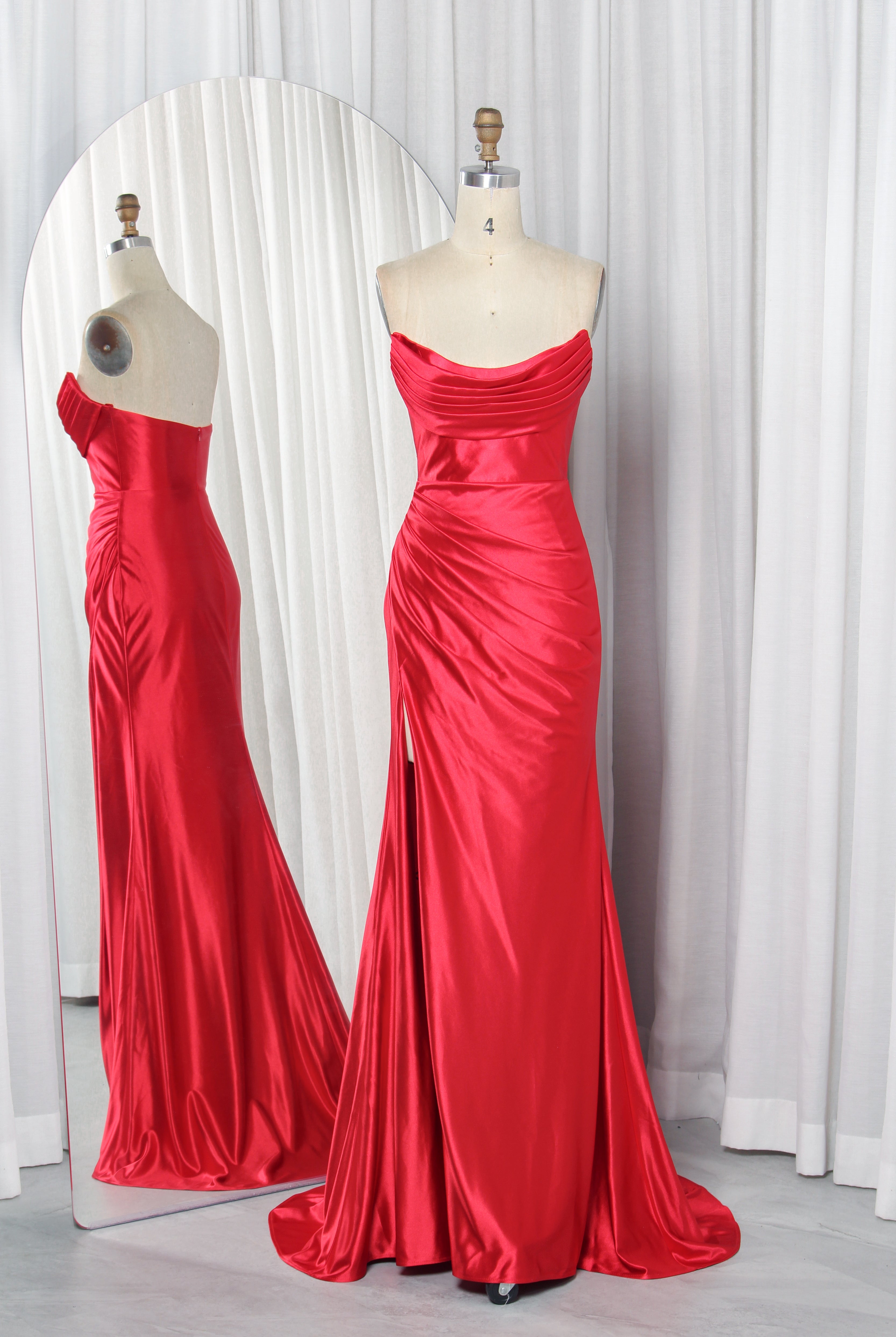 Strapless Satin Prom Dress with Draped Bodice, Side Slit & Train – TFB6012 Red