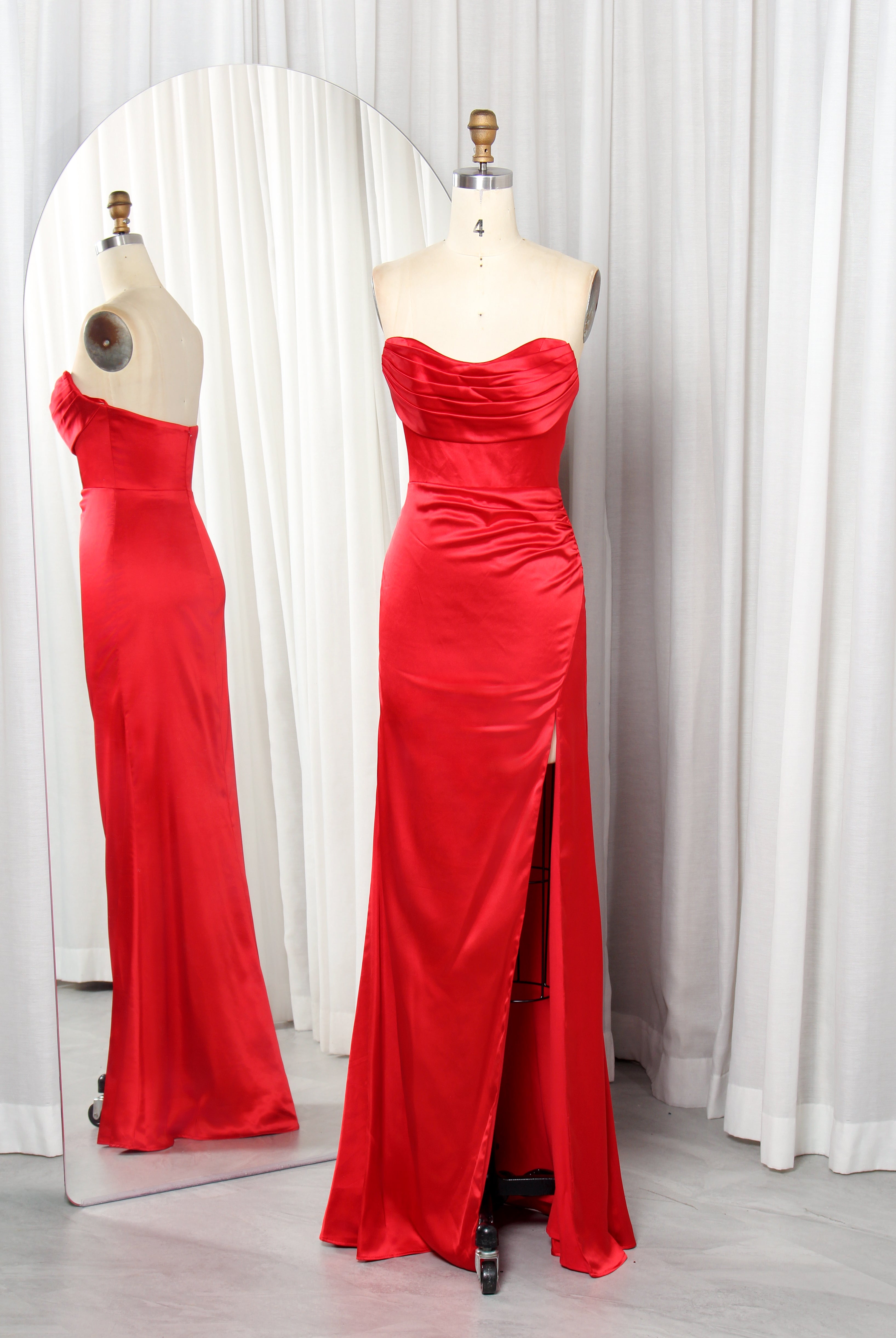Strapless Satin Prom Dress with Draped Bodice & Side Slit – TFB6020