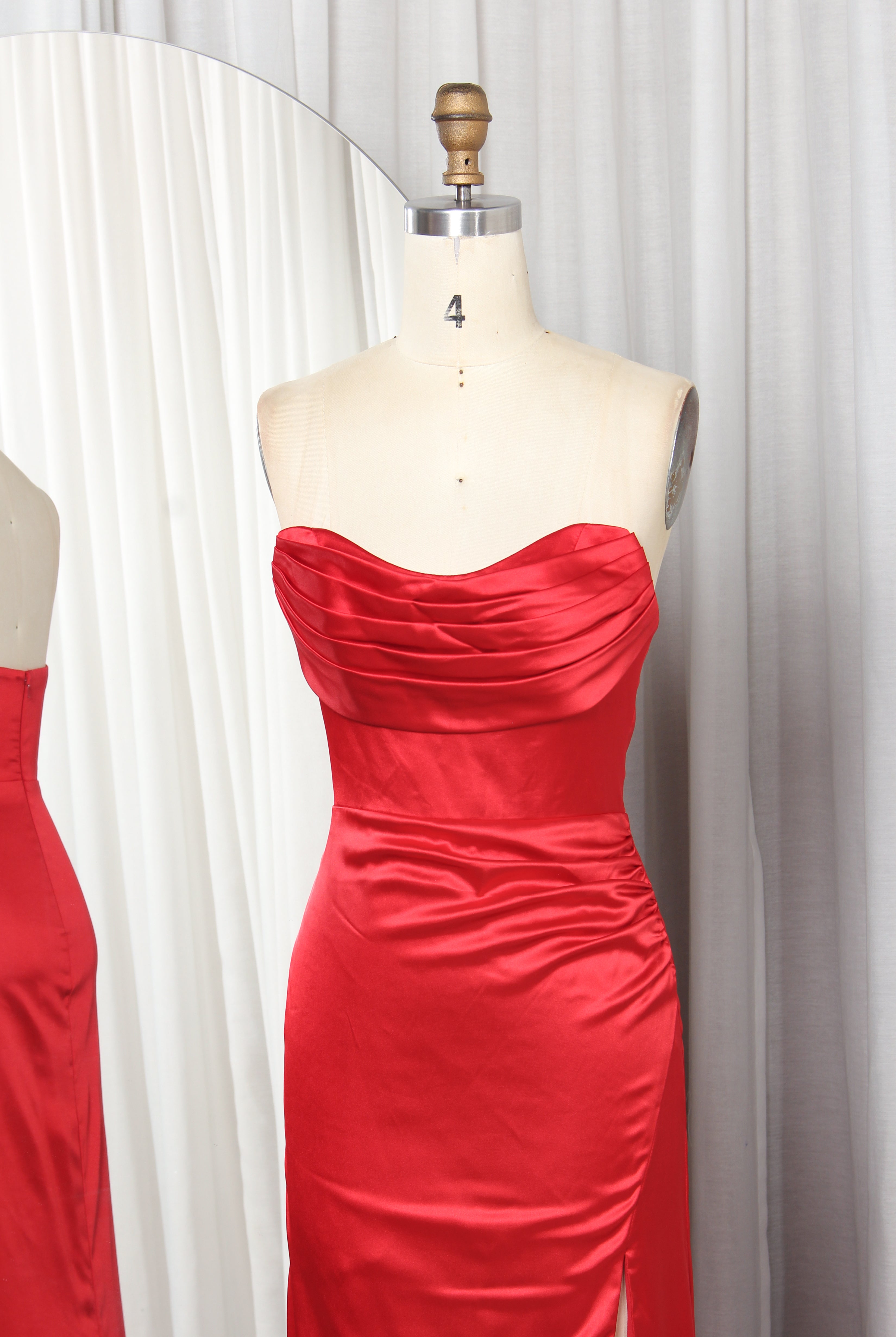 Strapless Satin Prom Dress with Draped Bodice & Side Slit – TFB6020