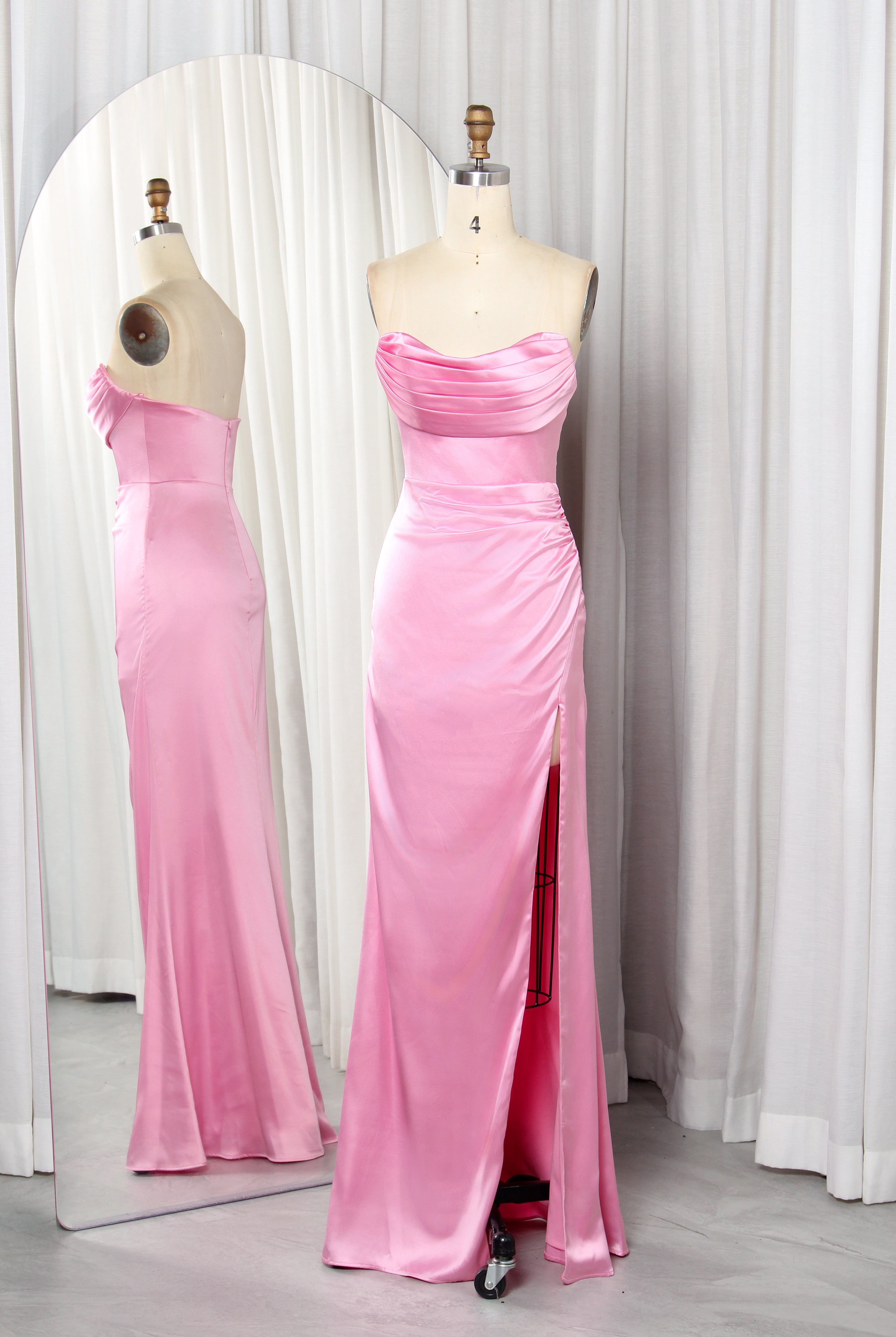 Strapless Satin Prom Dress with Draped Bodice & Side Slit – TFB6020