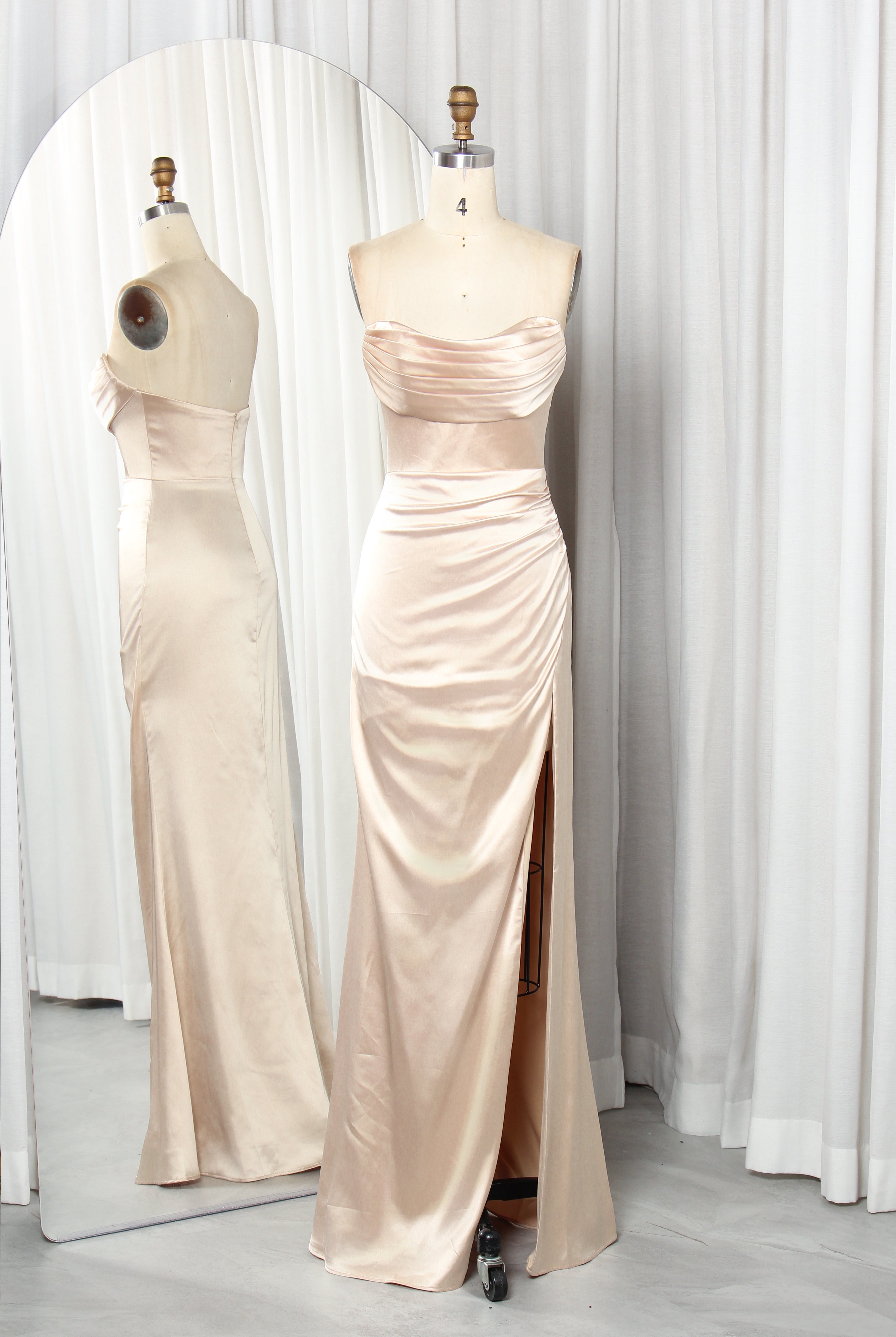 Strapless Satin Prom Dress with Draped Bodice & Side Slit – TFB6020