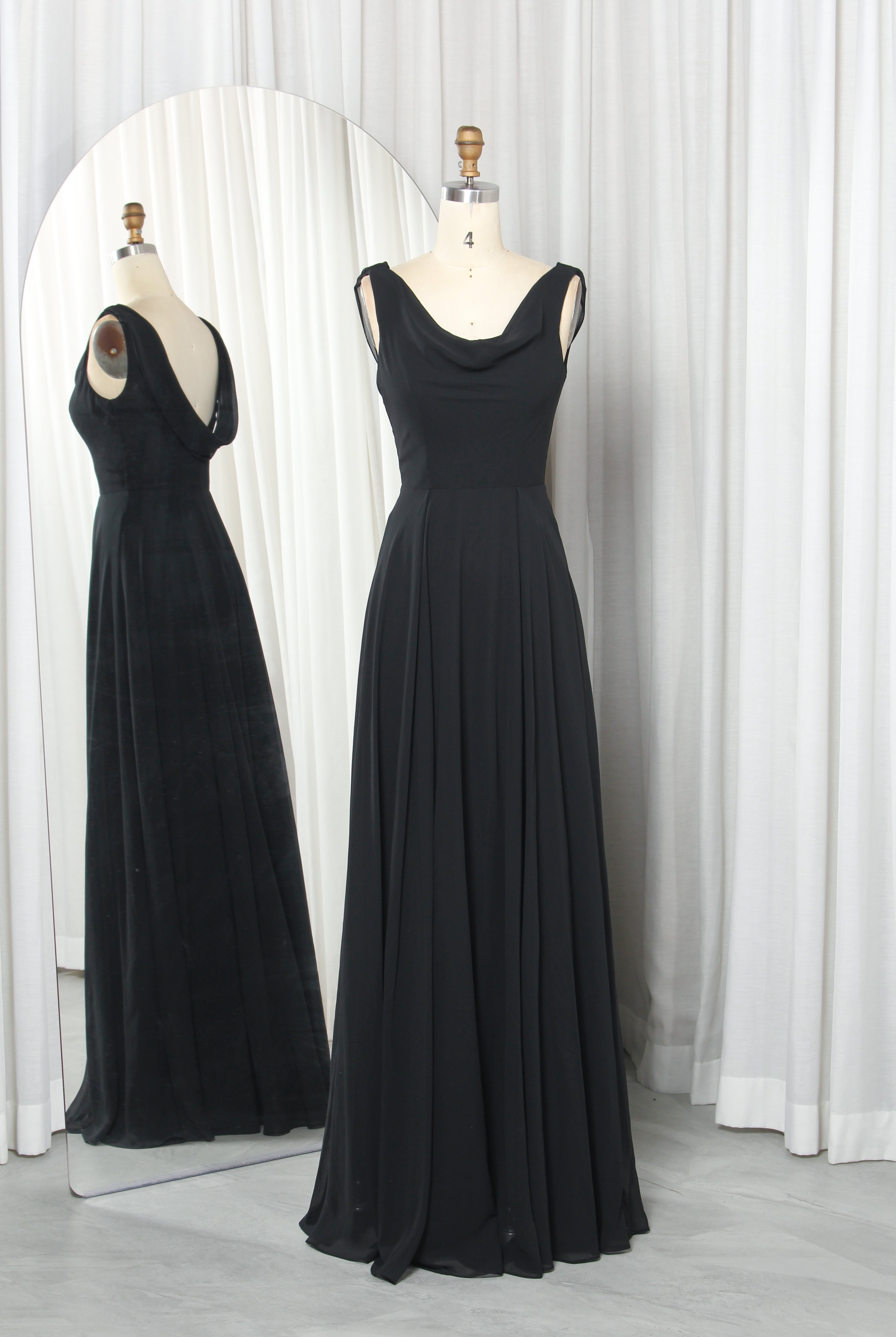 Sleeveless Chiffon Prom Dress with Draped Cowl Neck & A-Line Skirt – TFB6016 Black