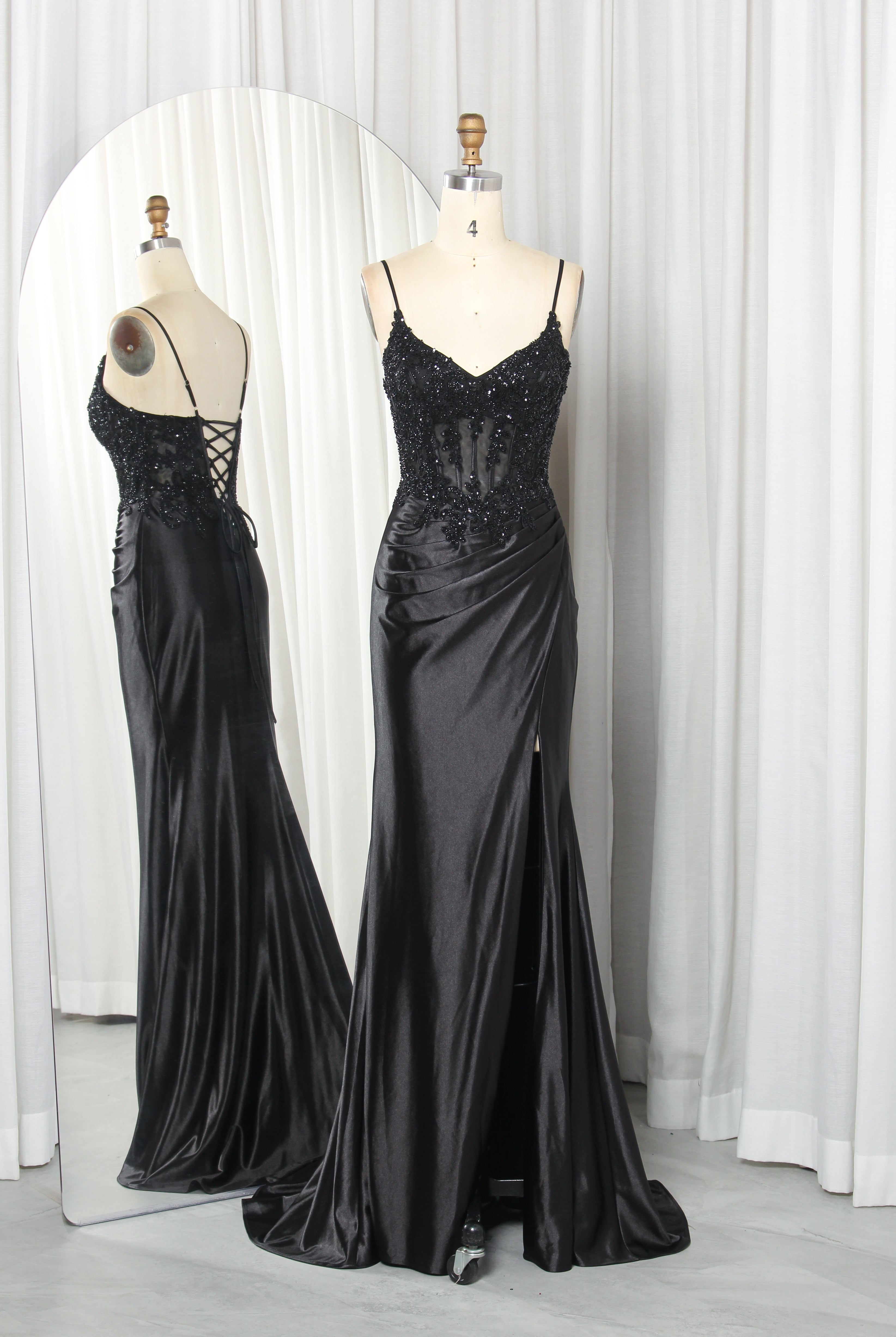 Exquisite Beaded Satin Lace-Up Corset Slit Prom Gown TFB 6001 | blissfulprom