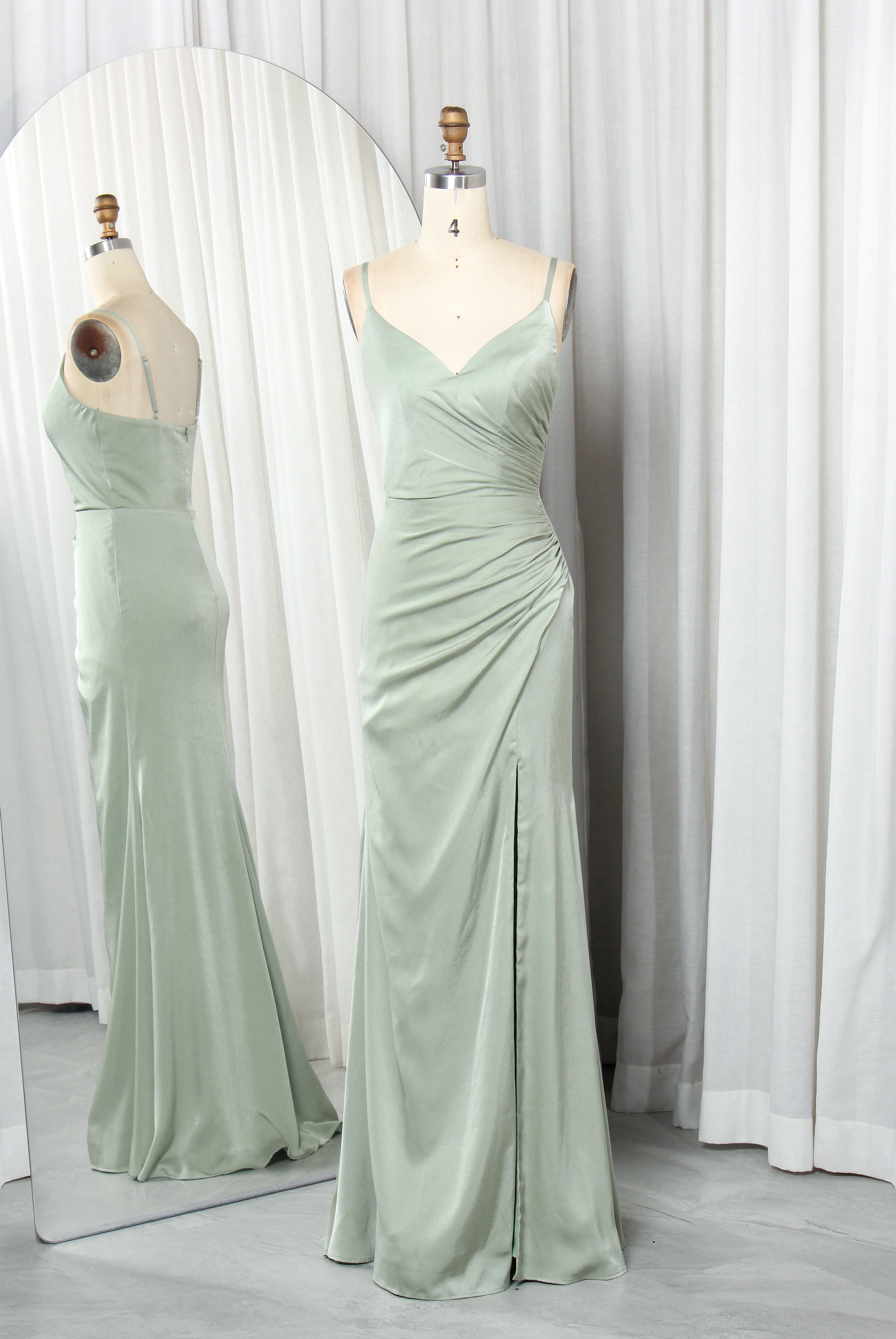 Ruched Satin Prom Gown with Spaghetti Straps & Side Slit – TFB6011 Dusty Green