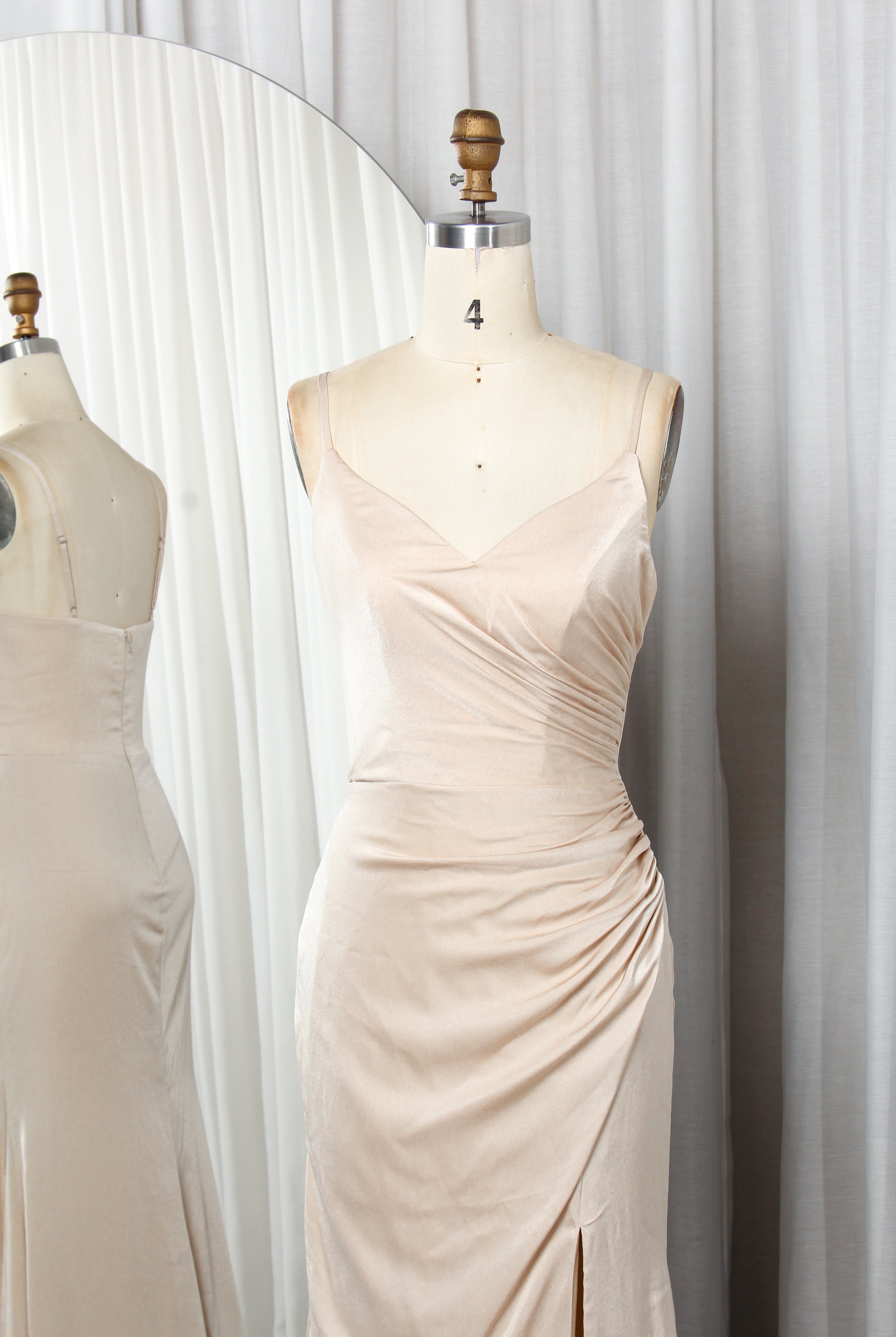 Ruched Satin Prom Gown with Spaghetti Straps & Side Slit – TFB6011