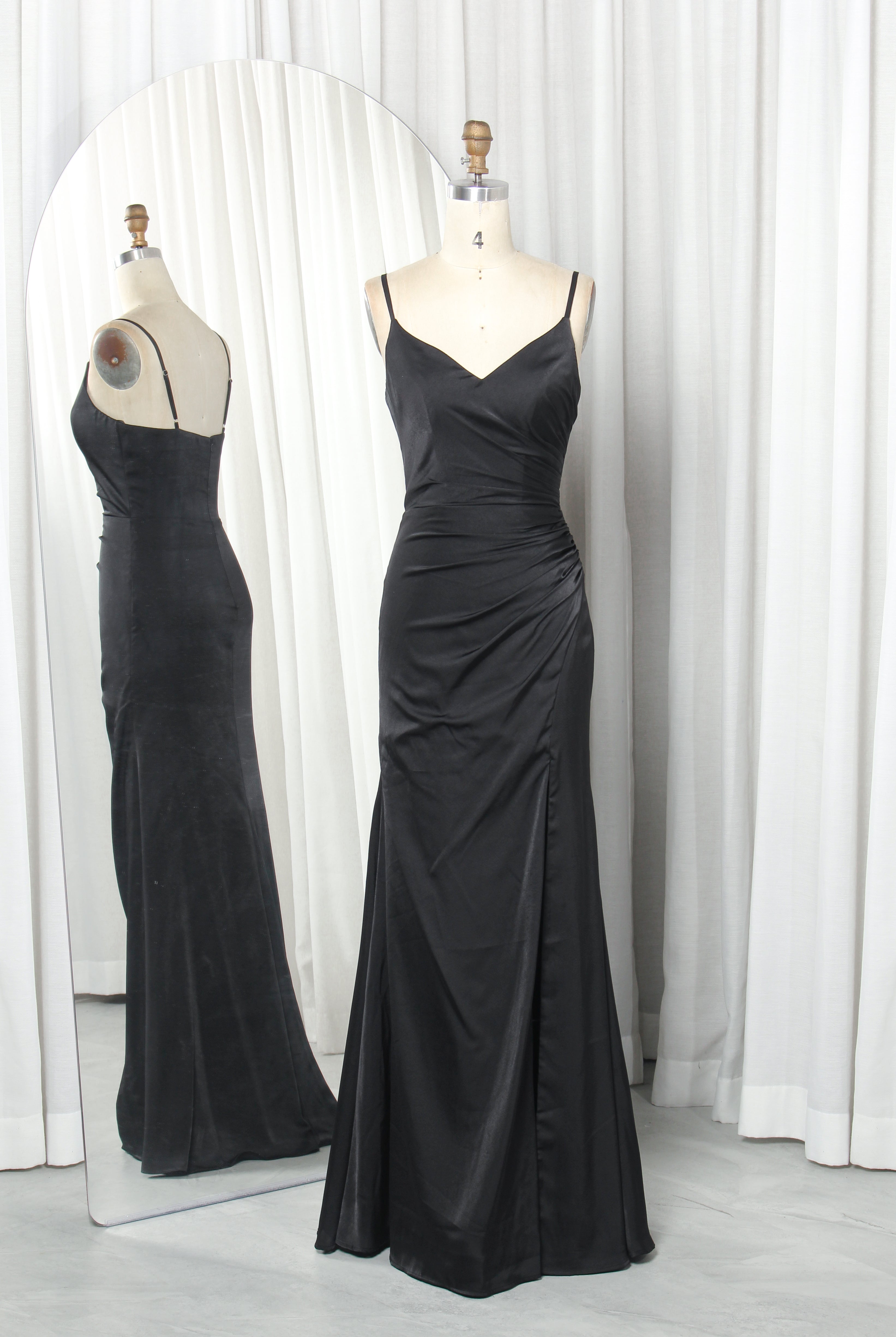 Ruched Satin Prom Gown with Spaghetti Straps & Side Slit – TFB6011 Black