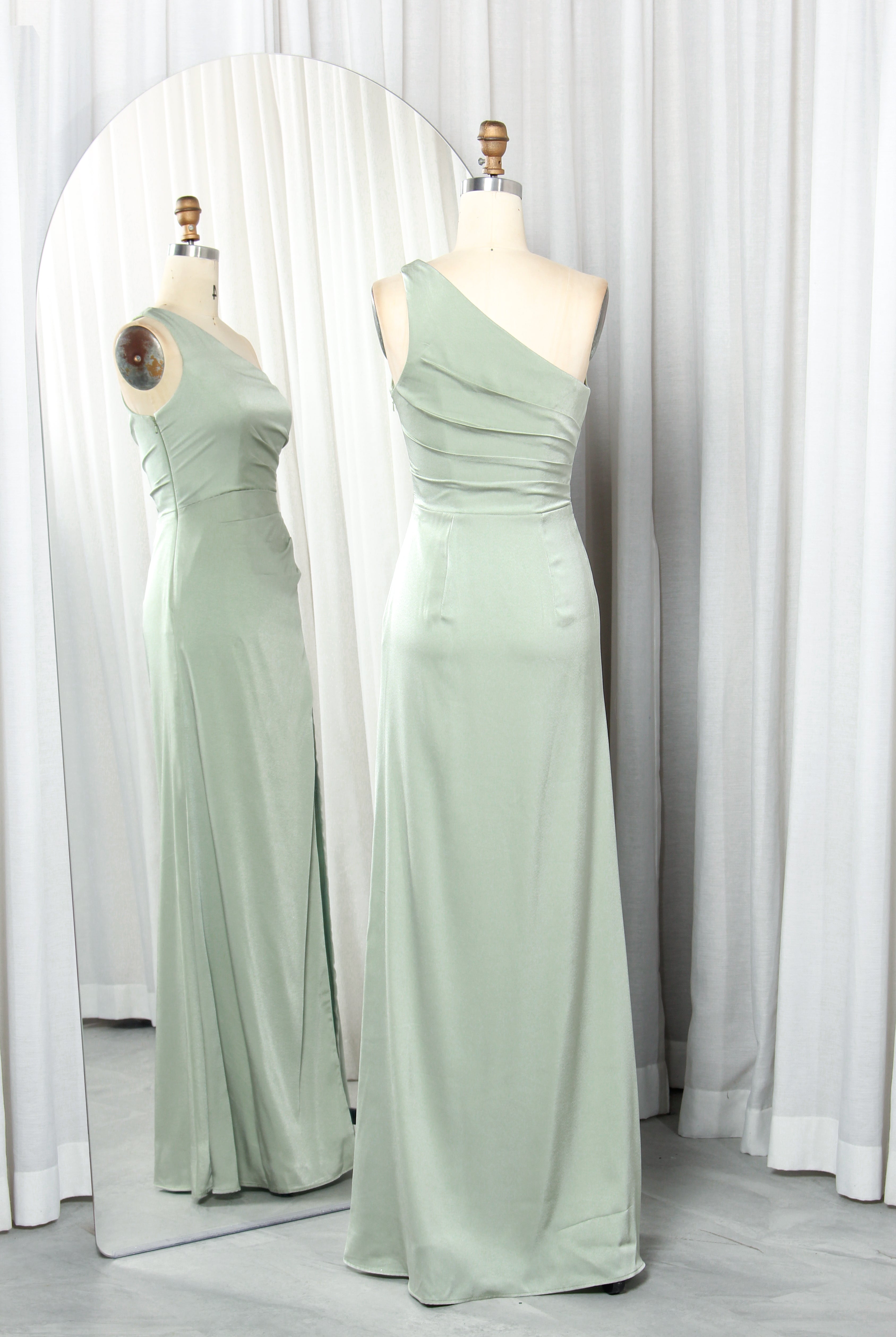 One-Shoulder Satin Prom Dress with Ruched Bodice & Side Slit – TFB6019