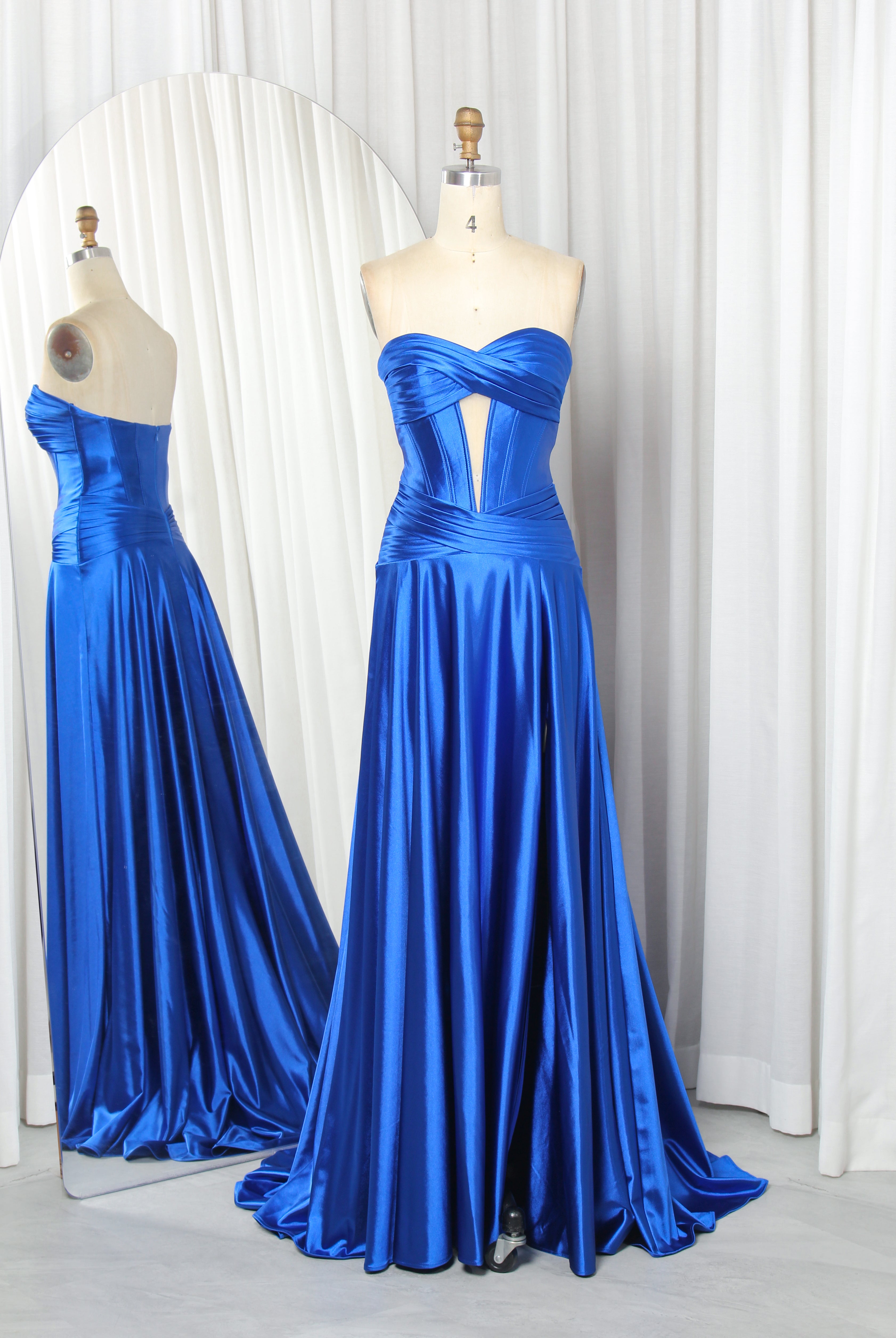 Strapless Satin Prom Dress with Crisscross Bodice, Keyhole Cutout & Train – TFB6015 Royal Blue
