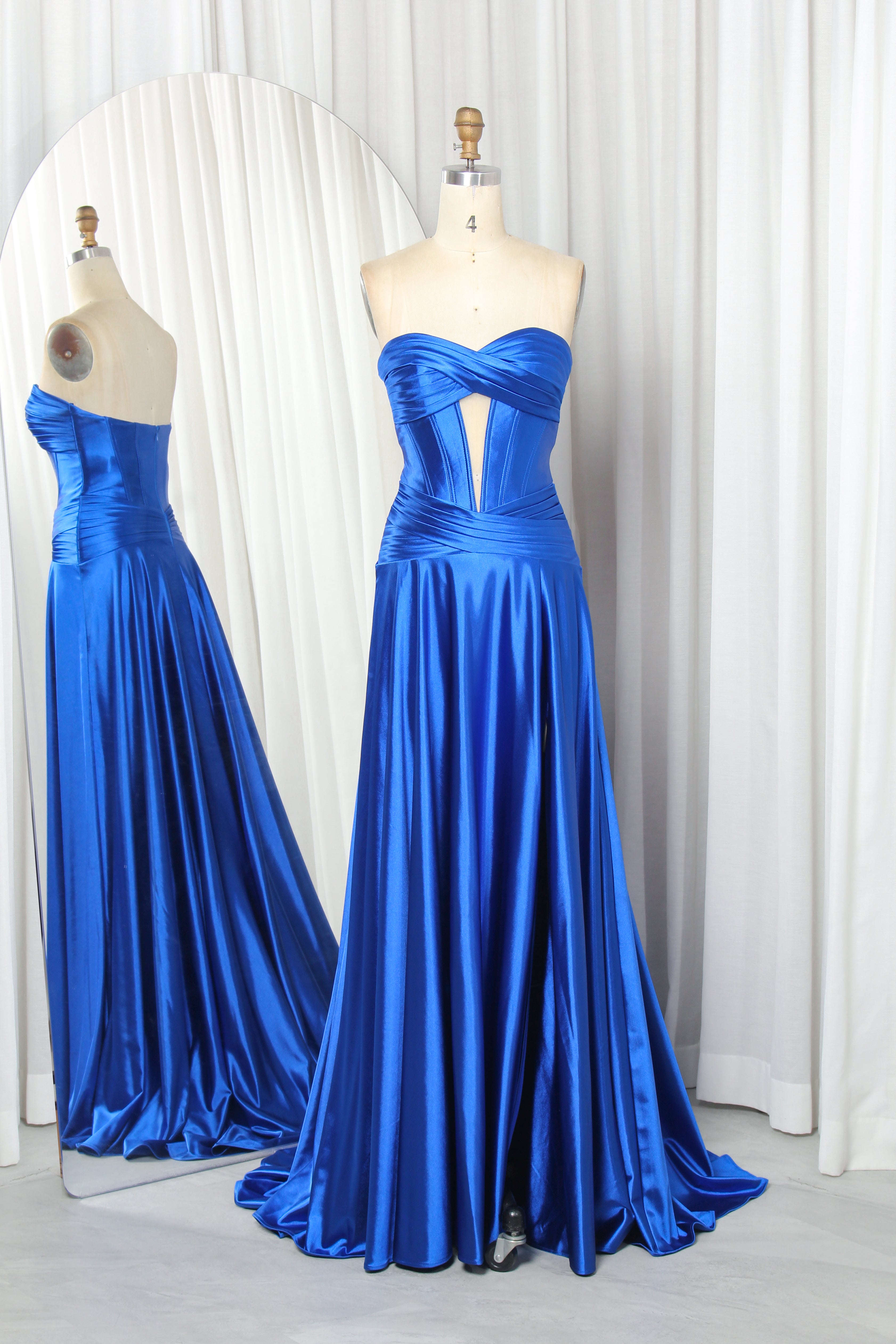 Satin strapless corset gown with crisscross bodice, royal blue, sweetheart neckline, full length