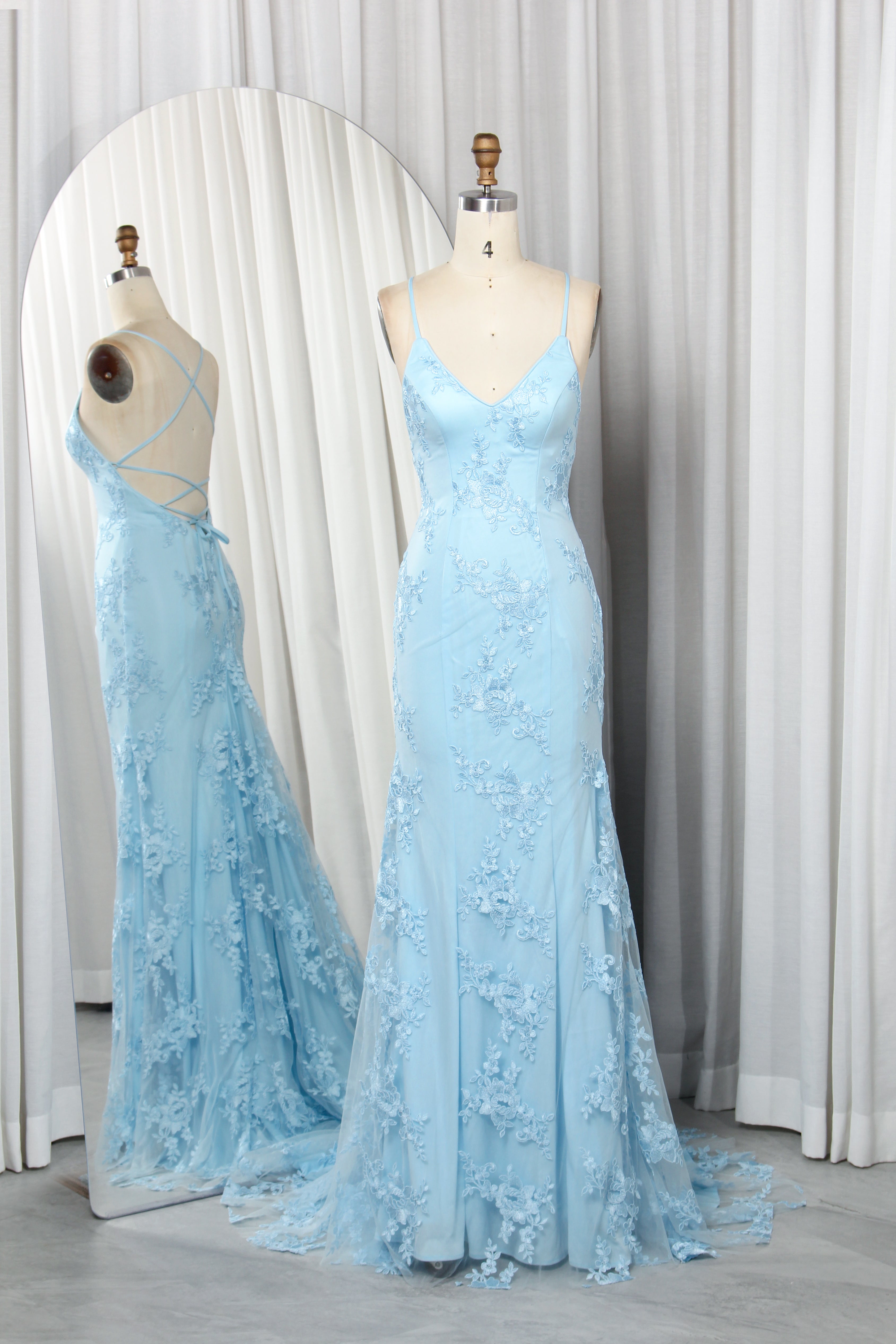 floral lace spaghetti strap gown.