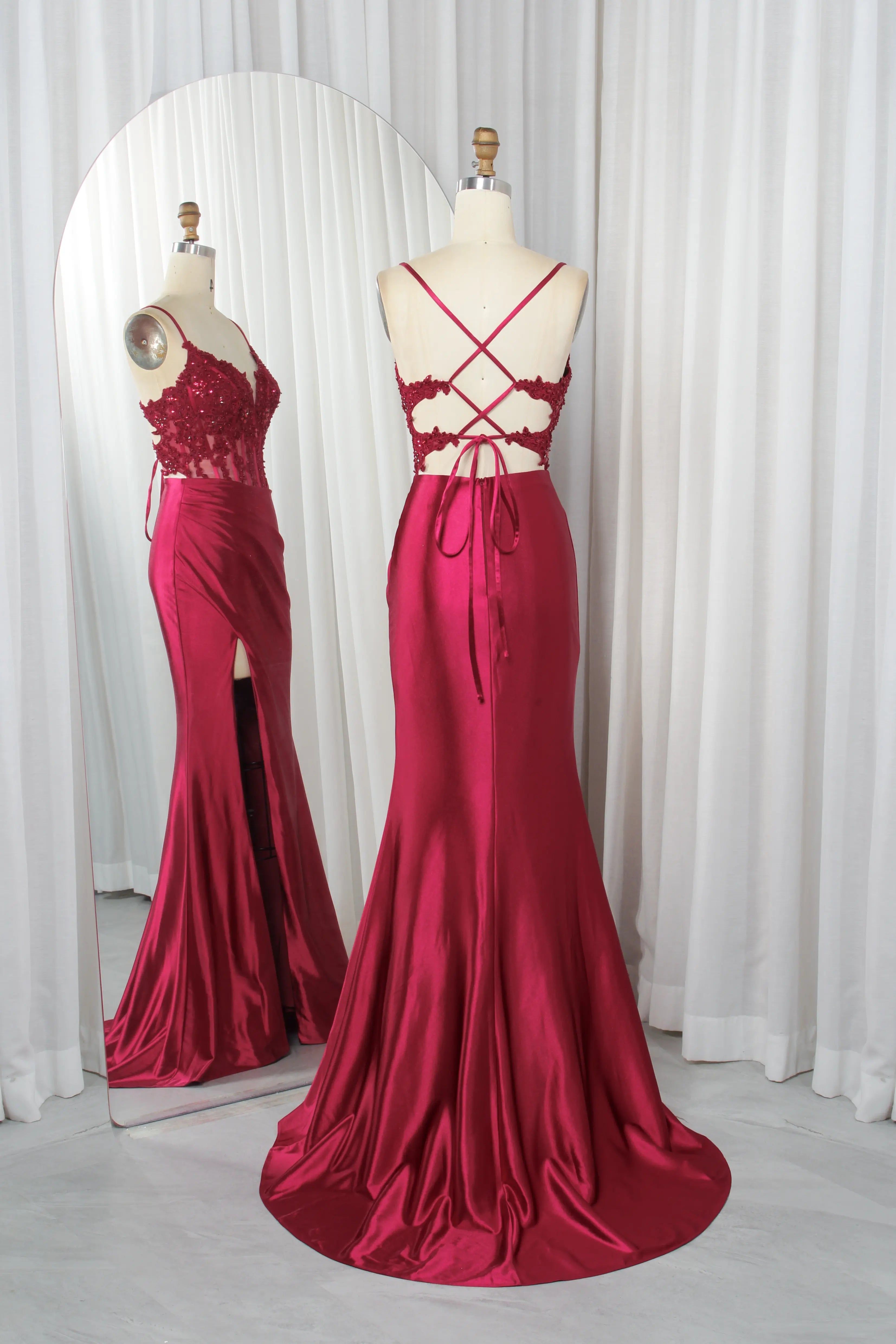 Burgundy satin mermaid prom dress with sheer lace corset, backless design view