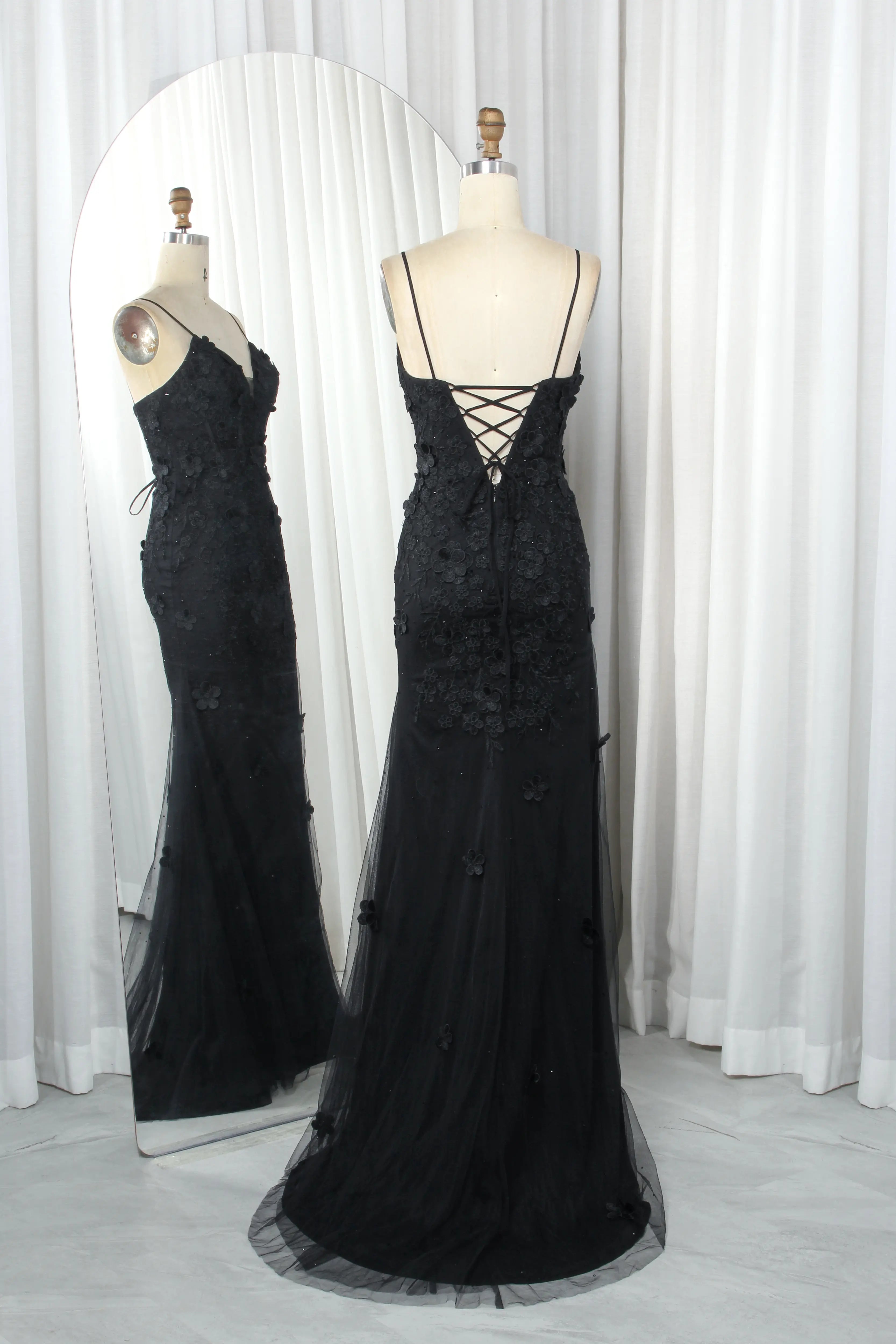 Black lace applique tulle mermaid prom dress, open lace-up back and spaghetti straps