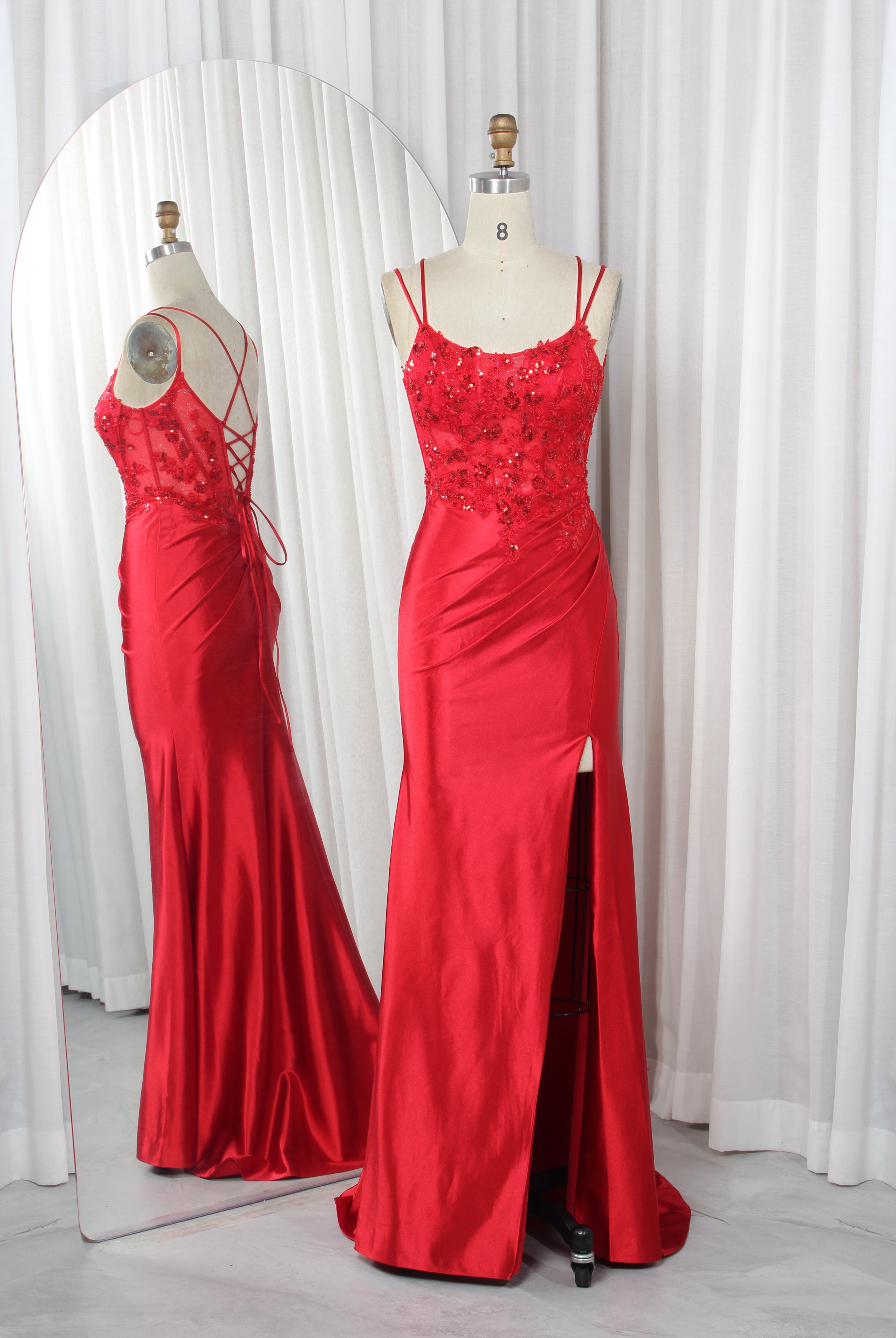 Double Strap Sequin Lace Satin Mermaid Prom Dress with Slit - TFB 8016 | blissfulprom