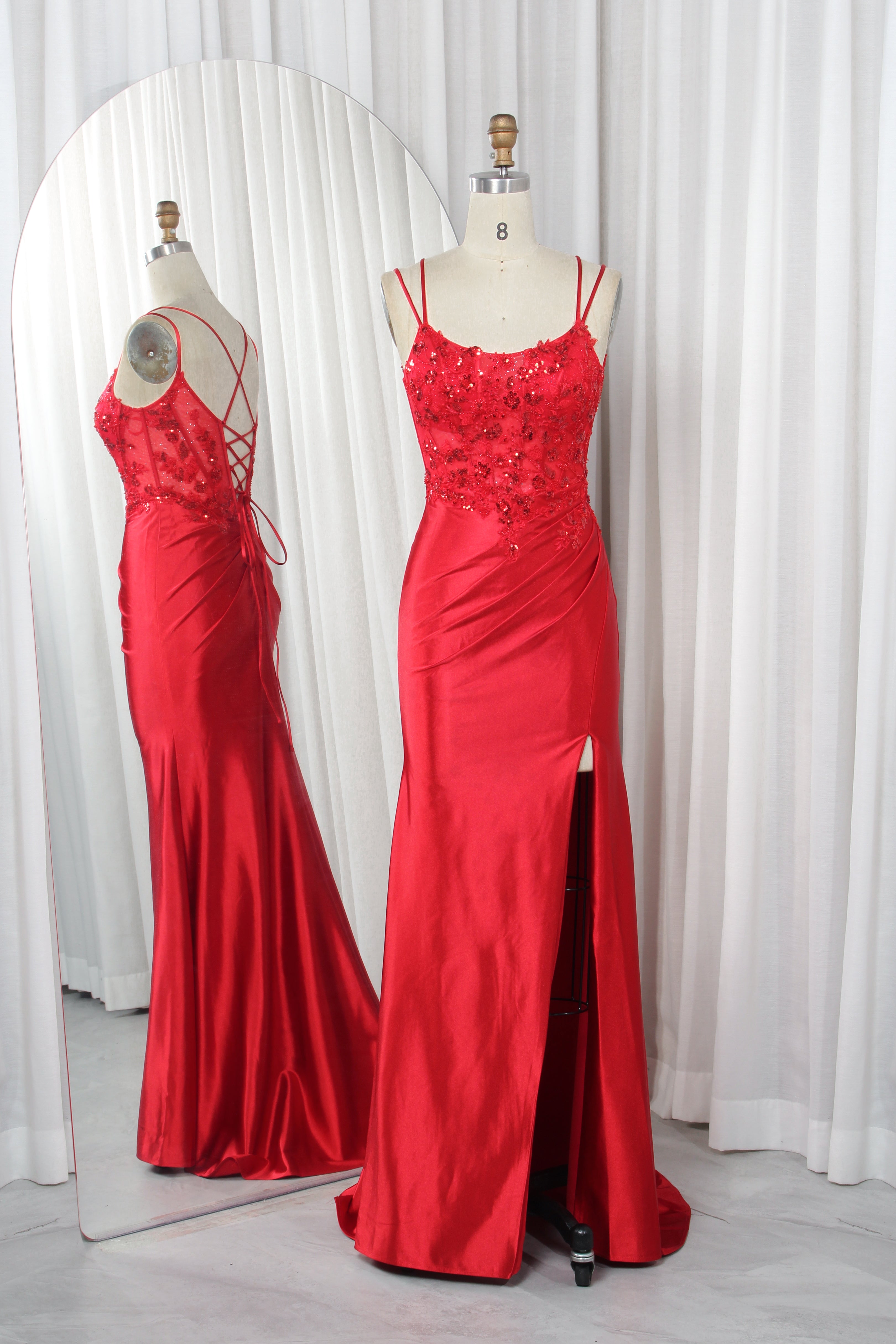 Red sequin lace satin mermaid prom dress with double straps and corset back slit