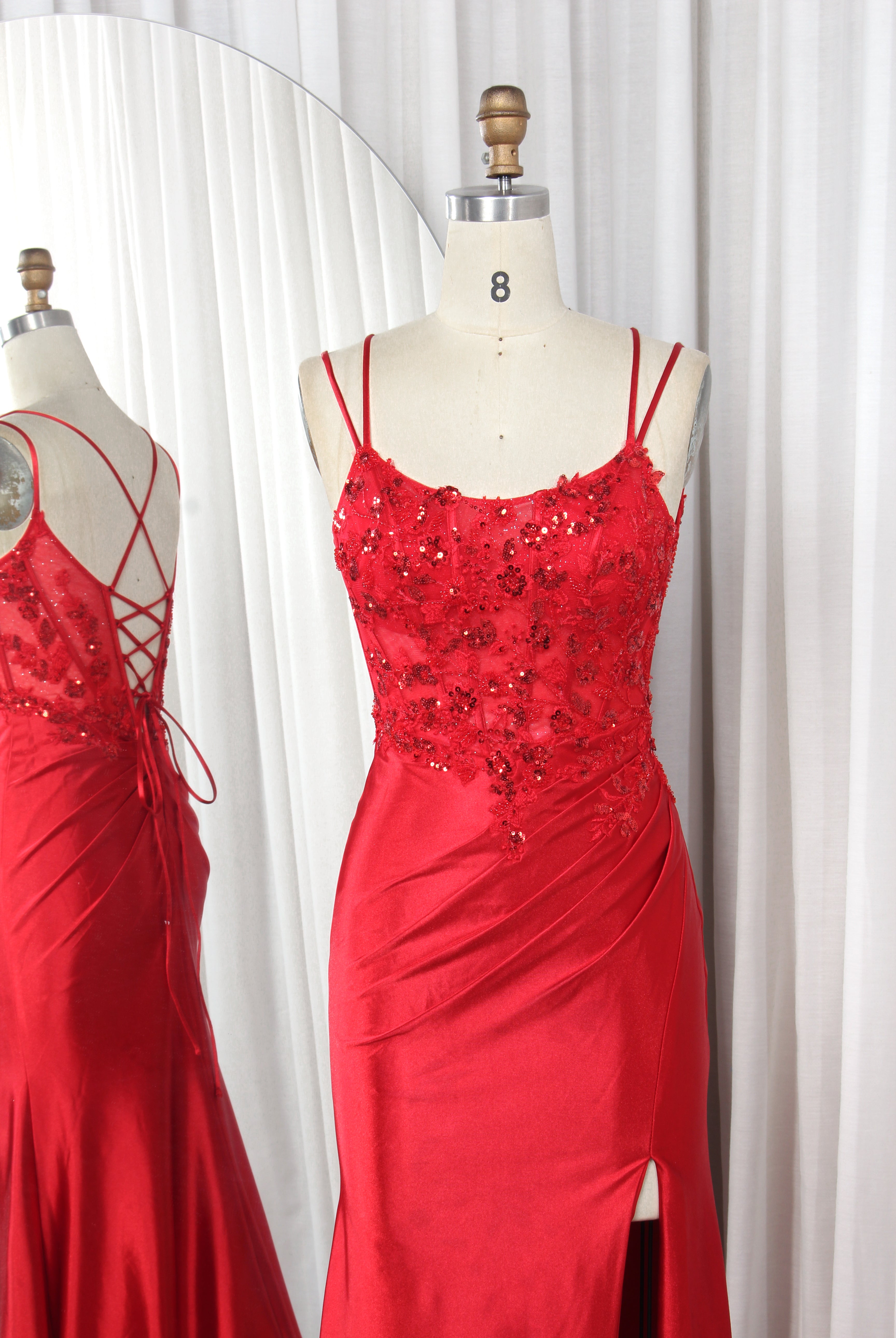 Double Strap Sequin Lace Satin Mermaid Prom Dress with Slit - TFB 8016 | blissfulprom
