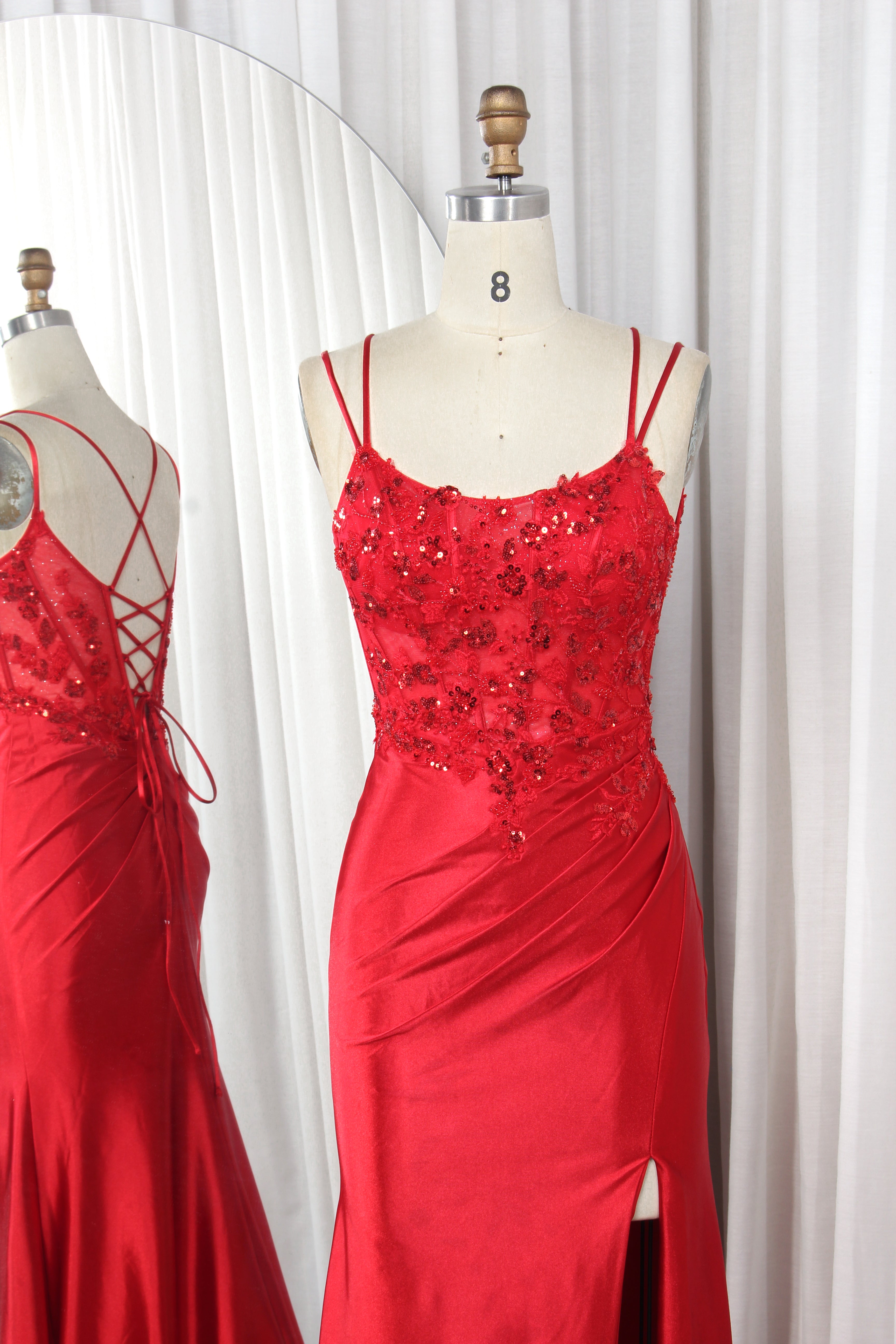 Red sequin lace satin mermaid prom dress bodice with double straps and side slit