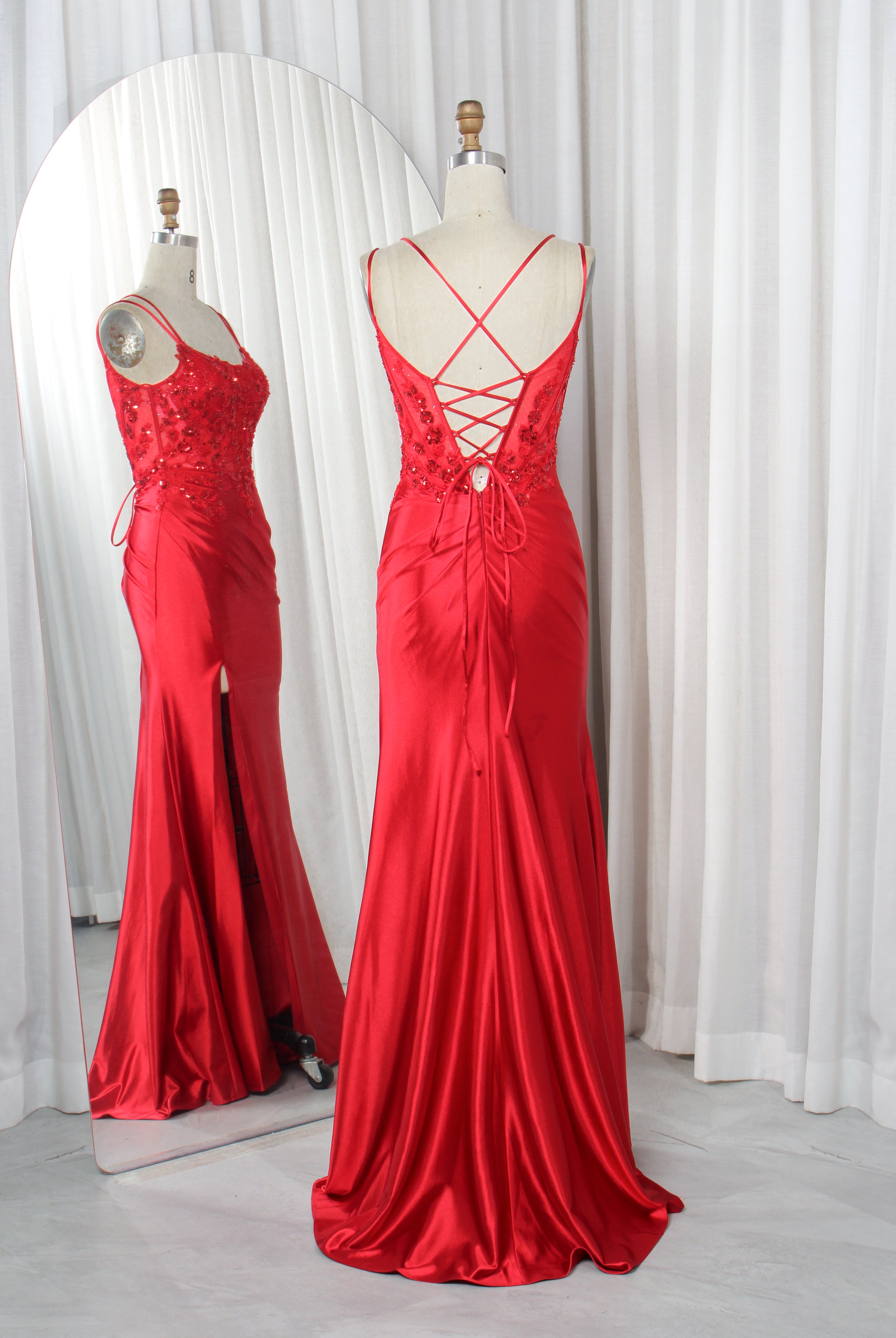 Double Strap Sequin Lace Satin Mermaid Prom Dress with Slit - TFB 8016 | blissfulprom