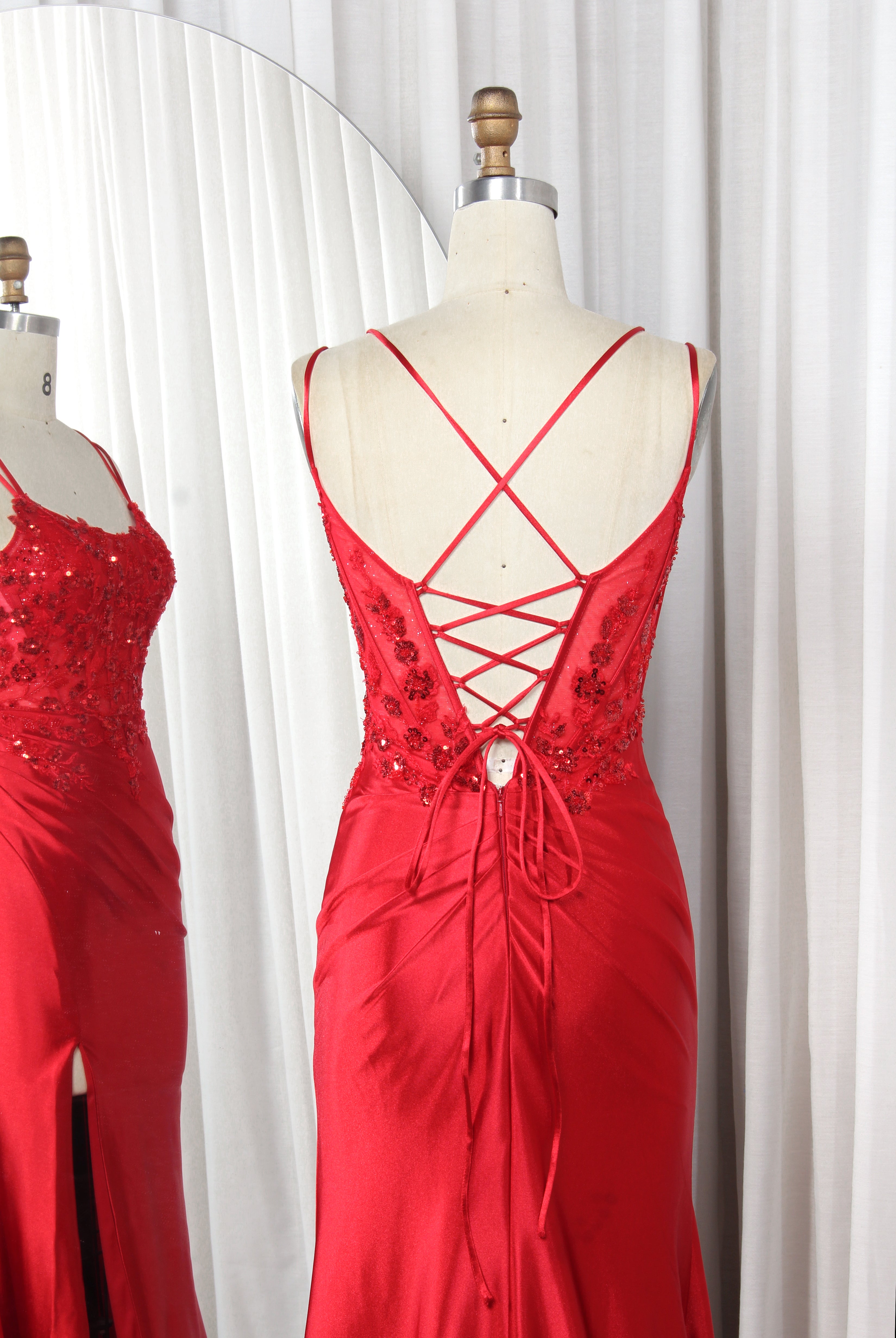 Double Strap Sequin Lace Satin Mermaid Prom Dress with Slit - TFB 8016 | blissfulprom