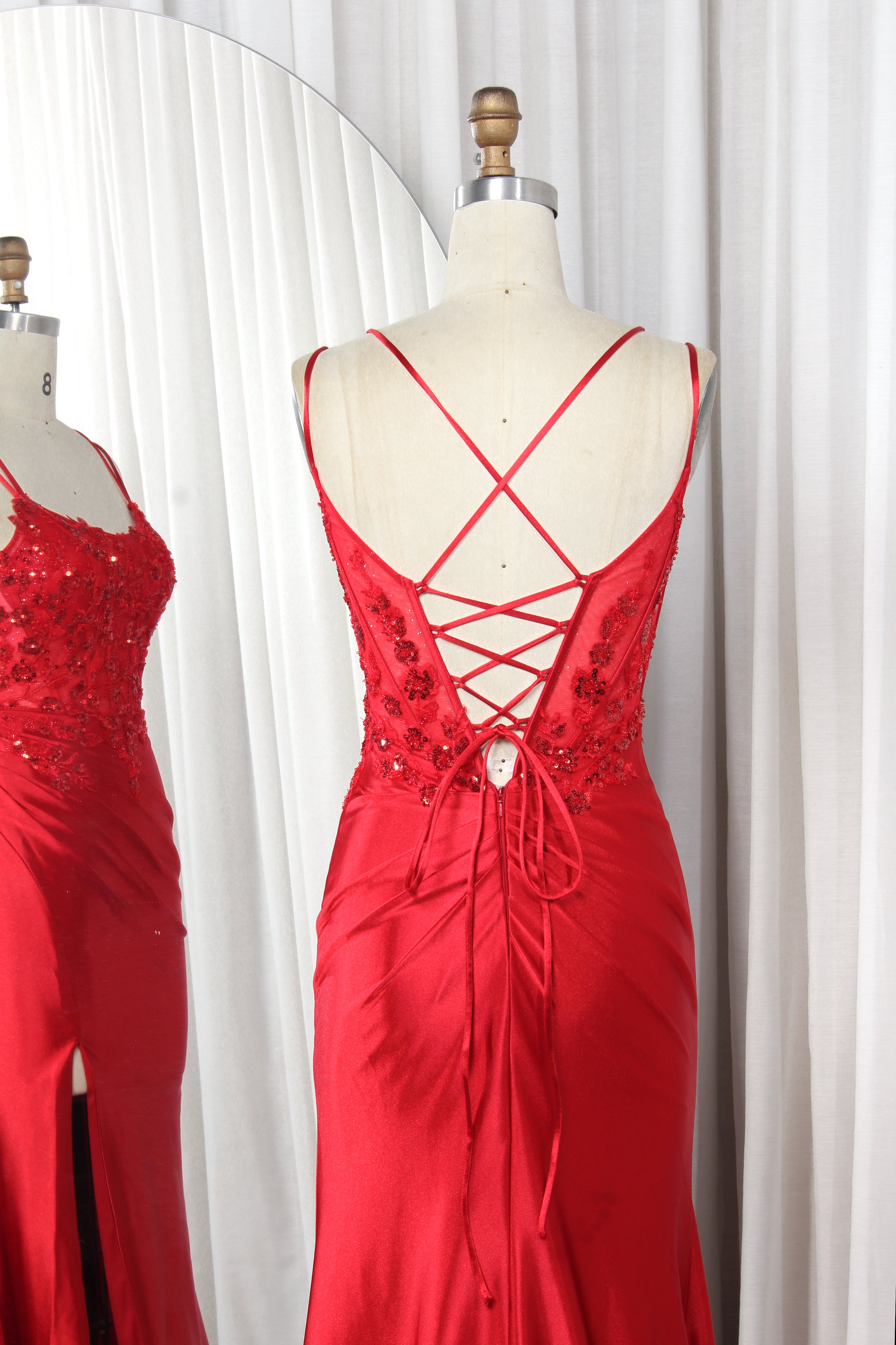 Red sequin lace satin mermaid prom dress with crisscross open back and side slit