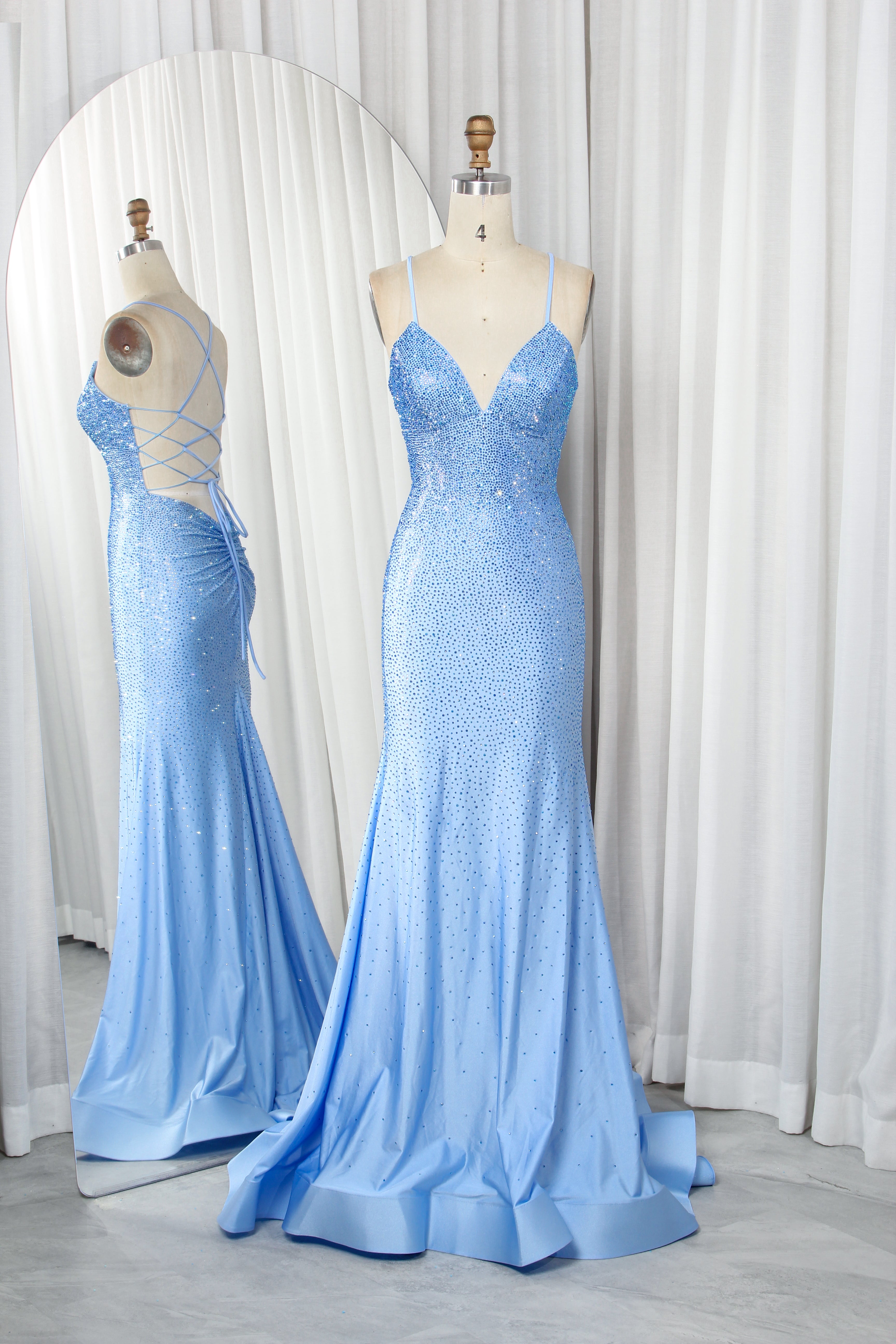 Spaghetti Strap Satin Mermaid Prom Dress with Rhinestone Detailing -TFB8017 Sky Blue