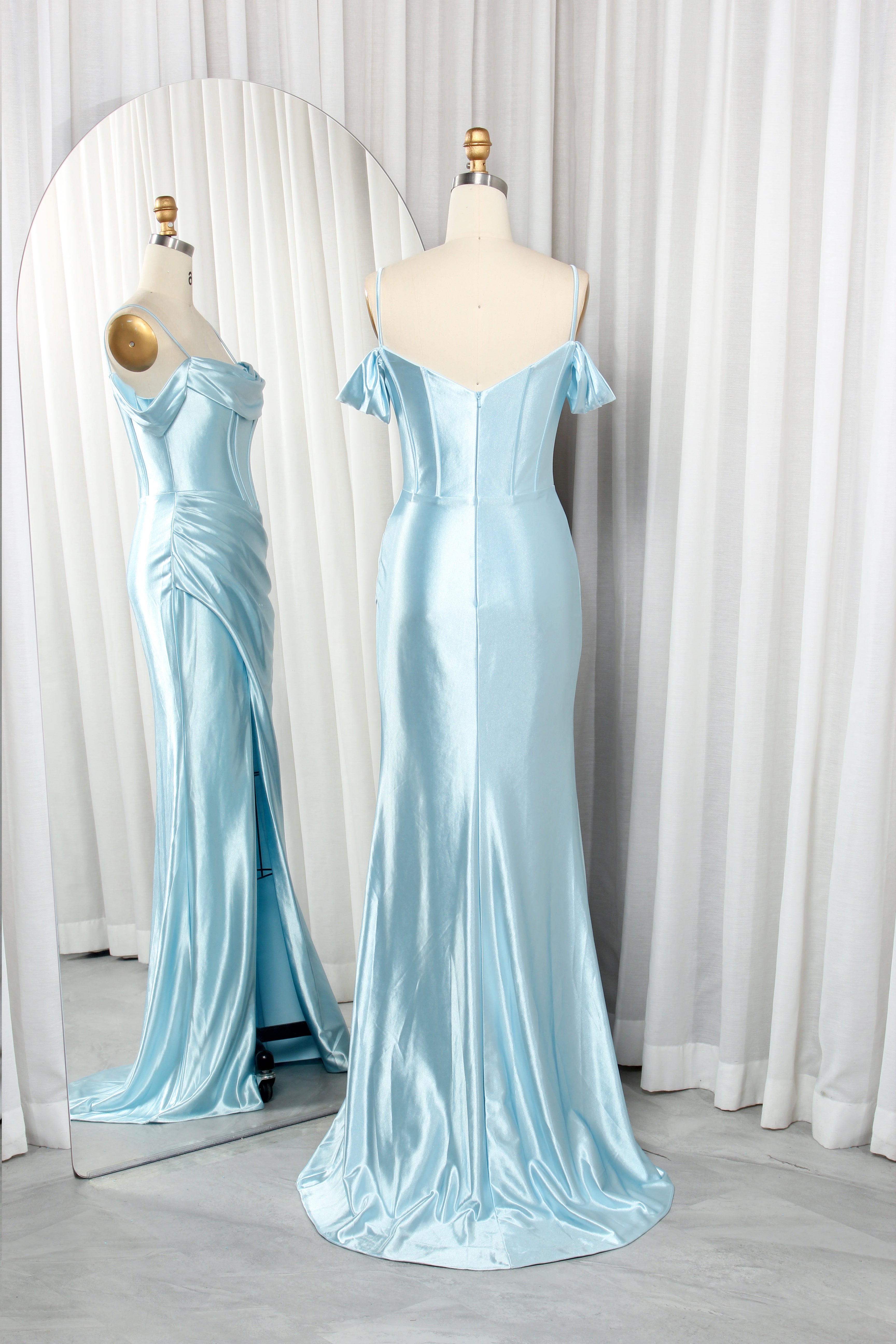 Off-Shoulder Satin Mermaid Dress with Cowl Neck and Dramatic Side Slit-TFB8027