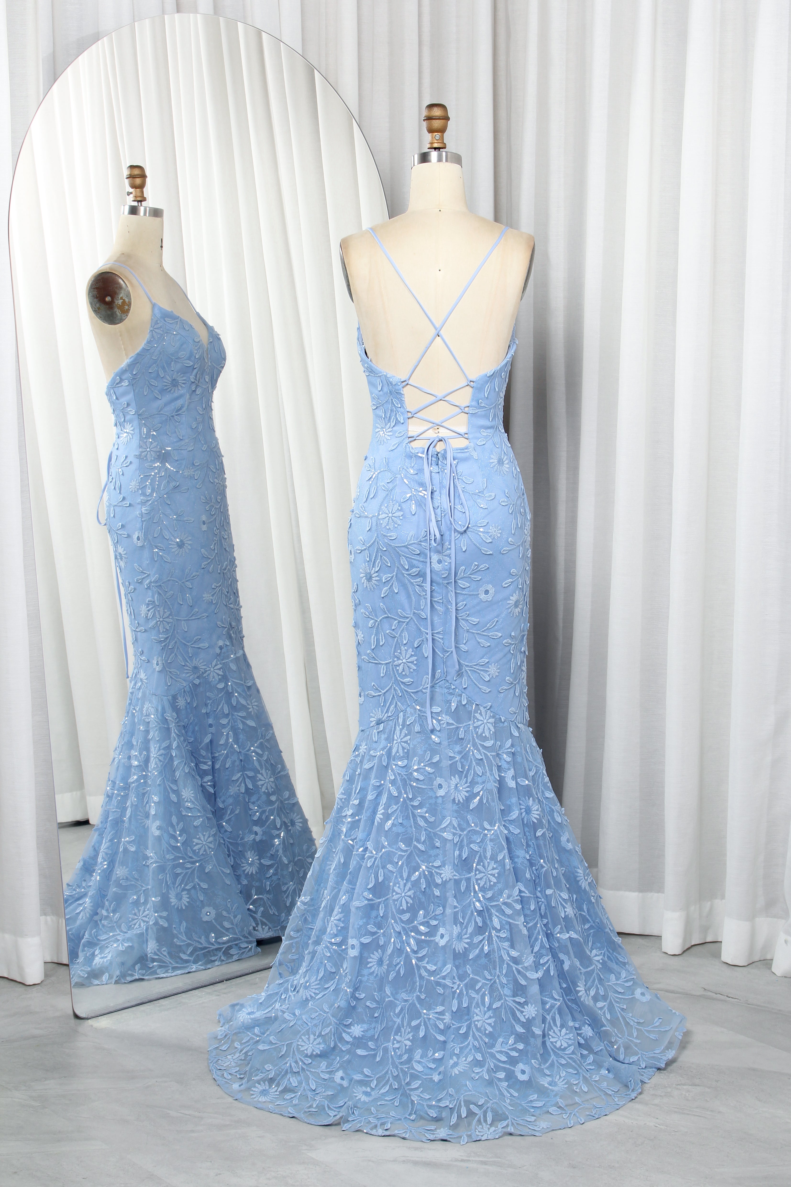 Shimmering Floral Lace Spaghetti Strap Mermaid Prom Dress TFB 8003 | blissfulprom