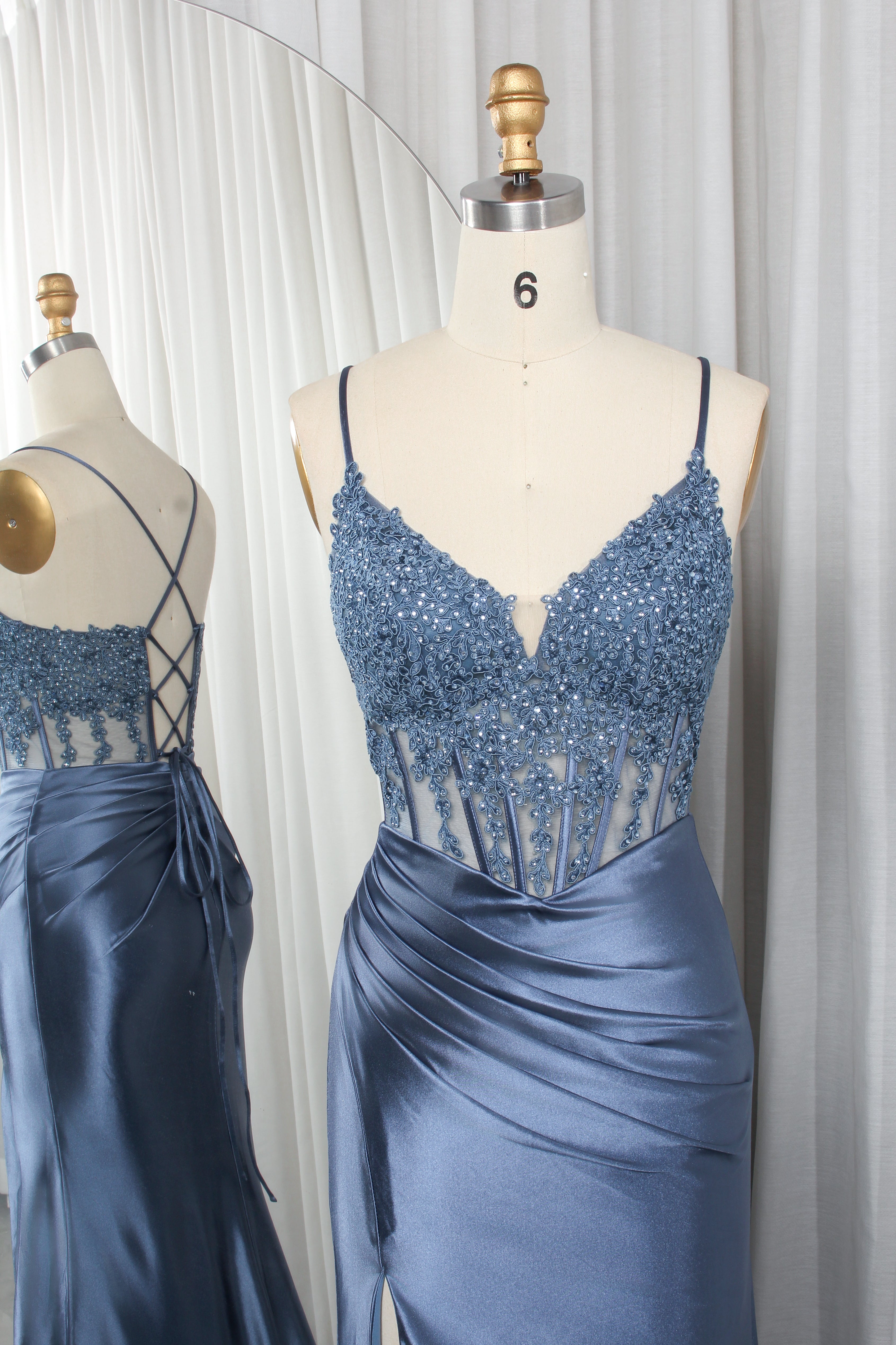 Spaghetti Strap Lace Bodice Satin Mermaid Prom Dress with Crisscross Back and Side Slit-TFB8020