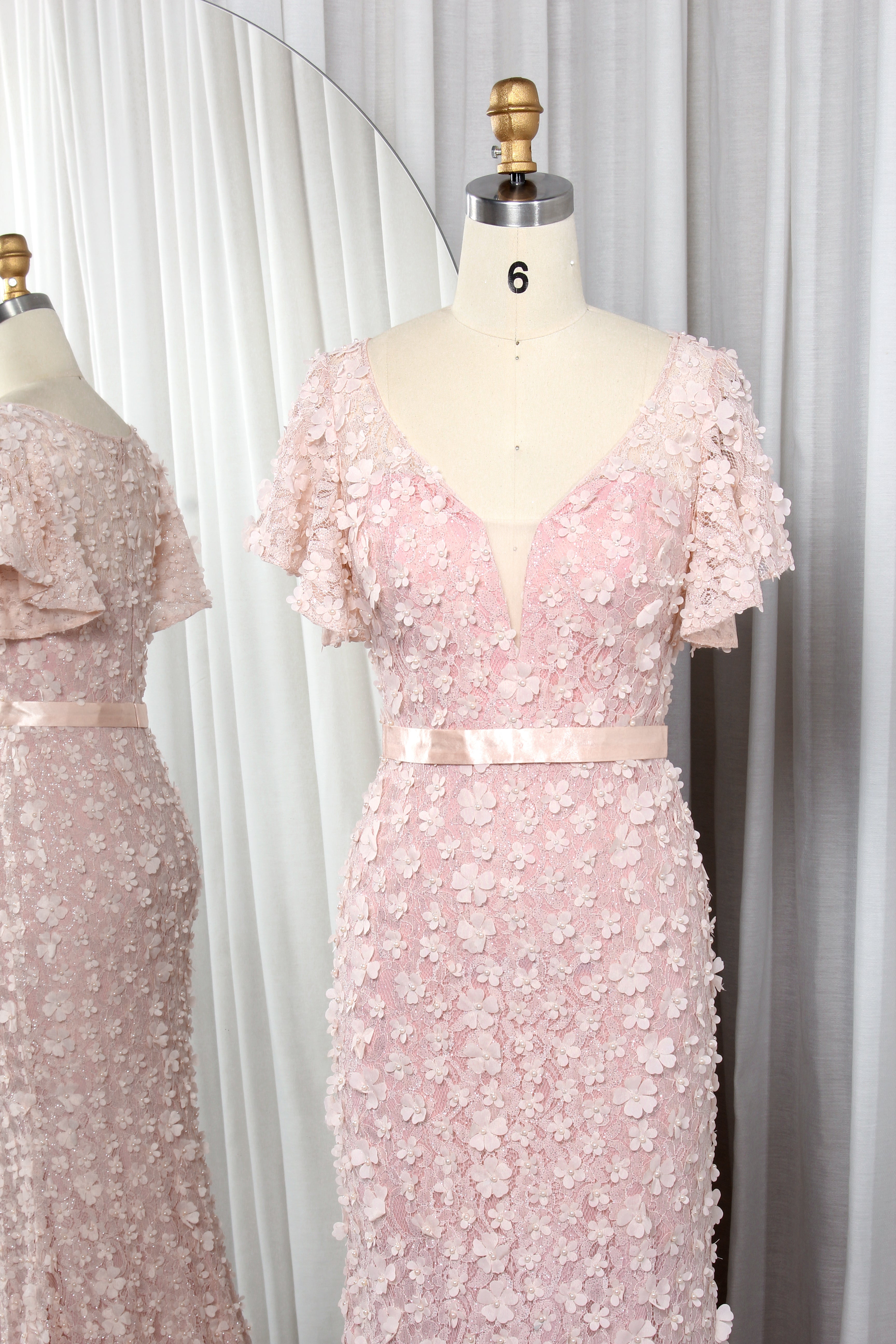 Pink V-neck mermaid dress with dense 3D floral appliques and short ruffle sleeves