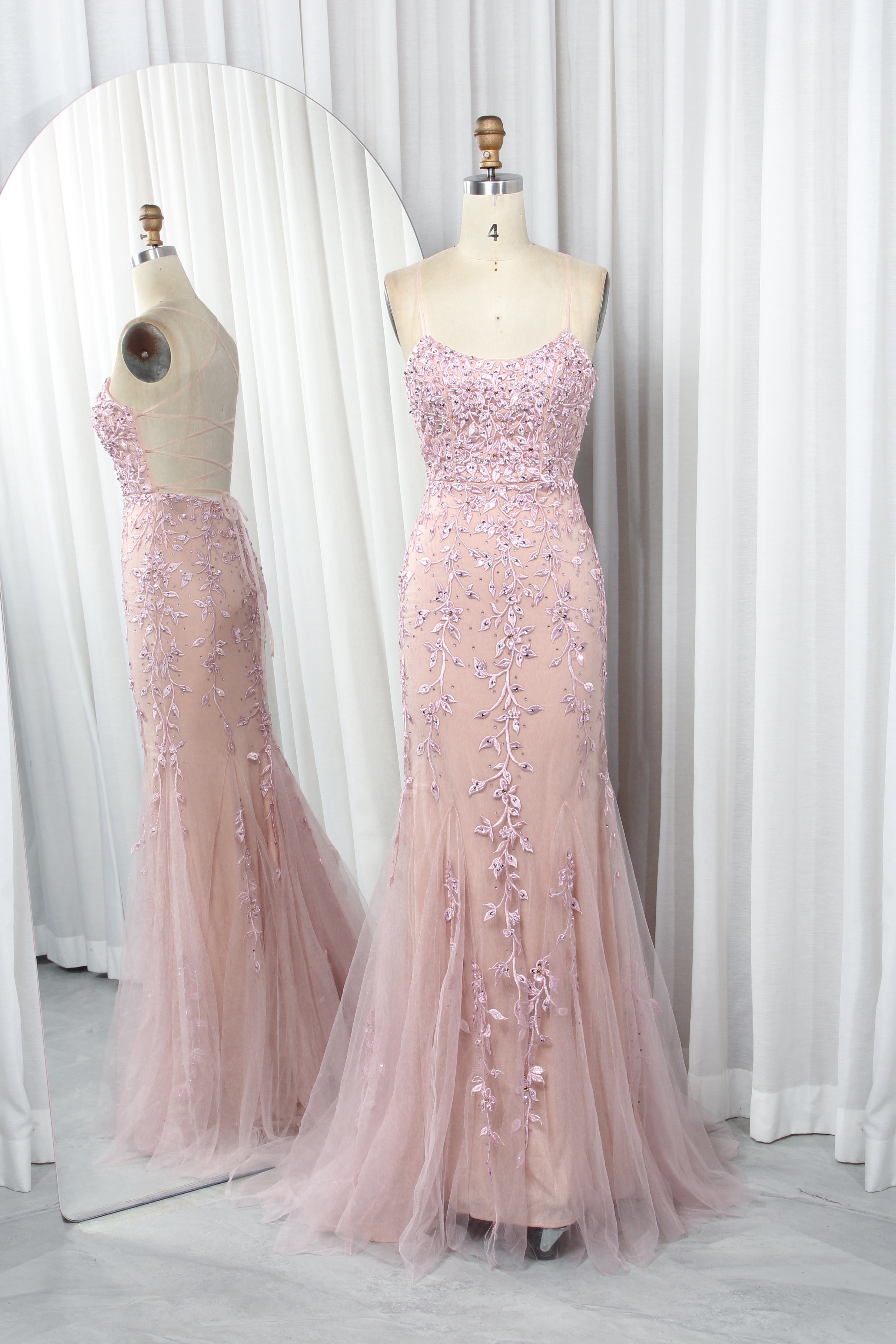 Floral Embroidered Tulle Mermaid Prom Dress with Godet Skirt and Crisscross Back - TFB 8047 | blissfulprom