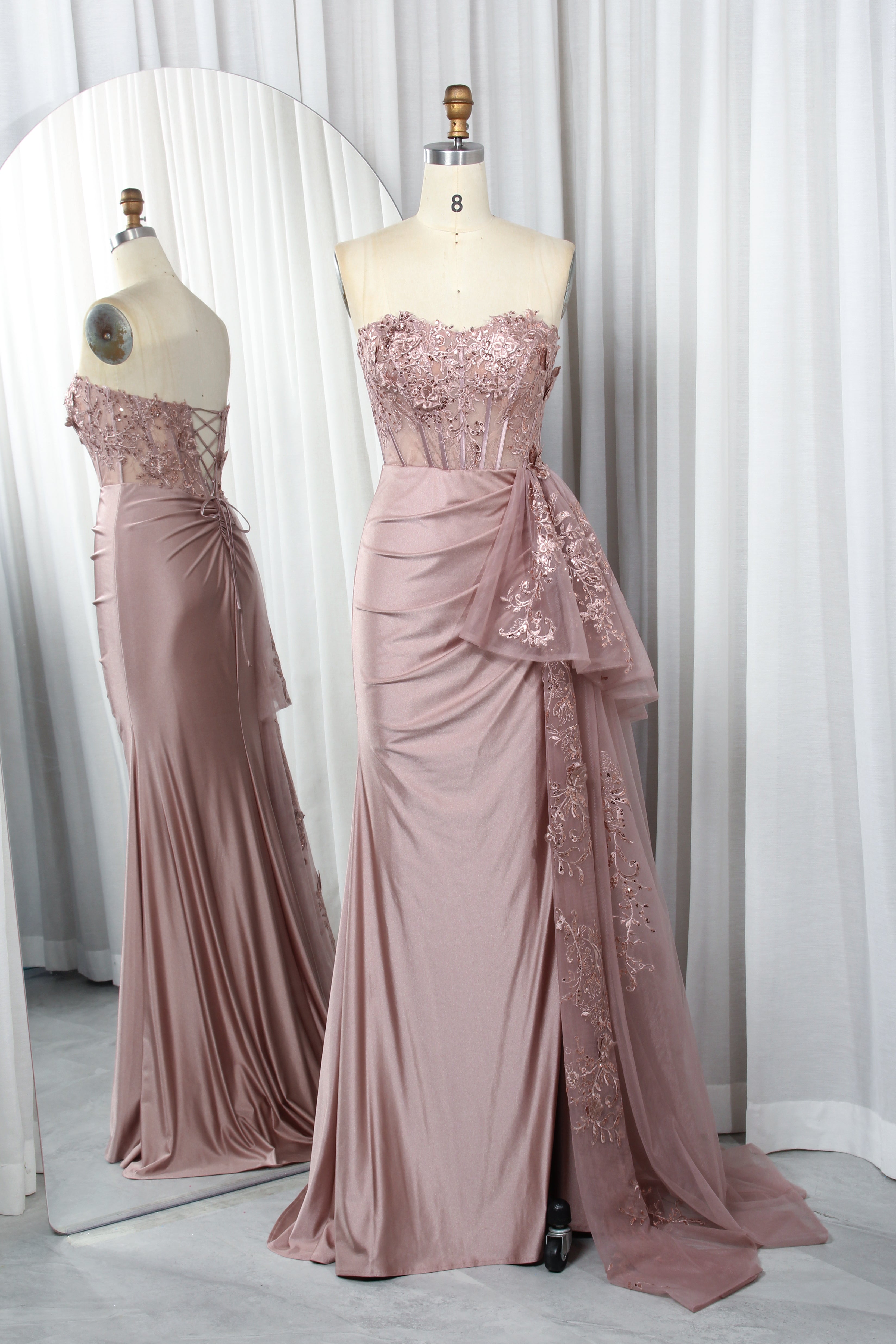 Strapless Lace Corset Satin Mermaid Prom Dress with Embroidered Tulle Train - TFB 8013 | blissfulprom