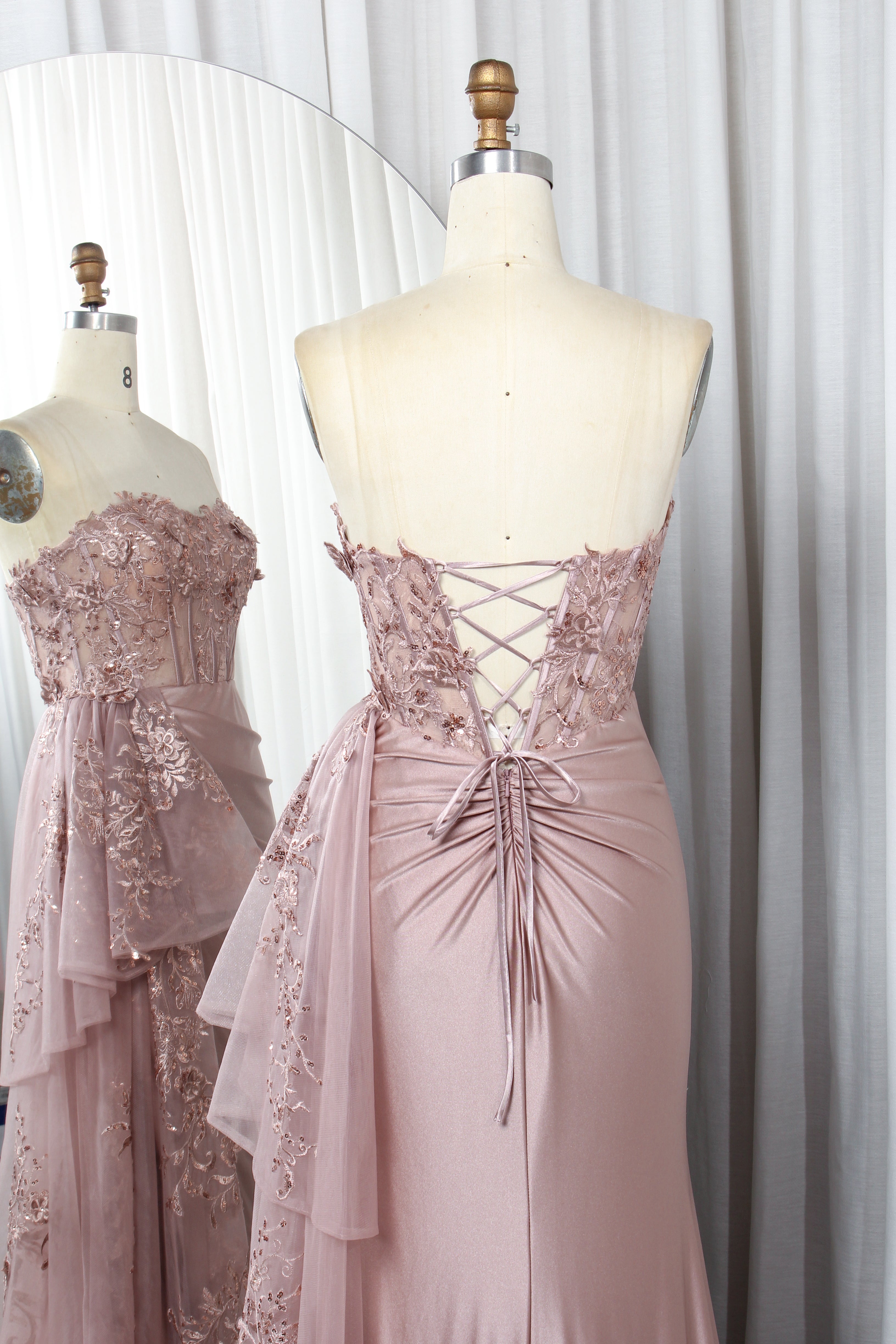 Strapless Lace Corset Satin Mermaid Prom Dress with Embroidered Tulle Train - TFB 8013 | blissfulprom