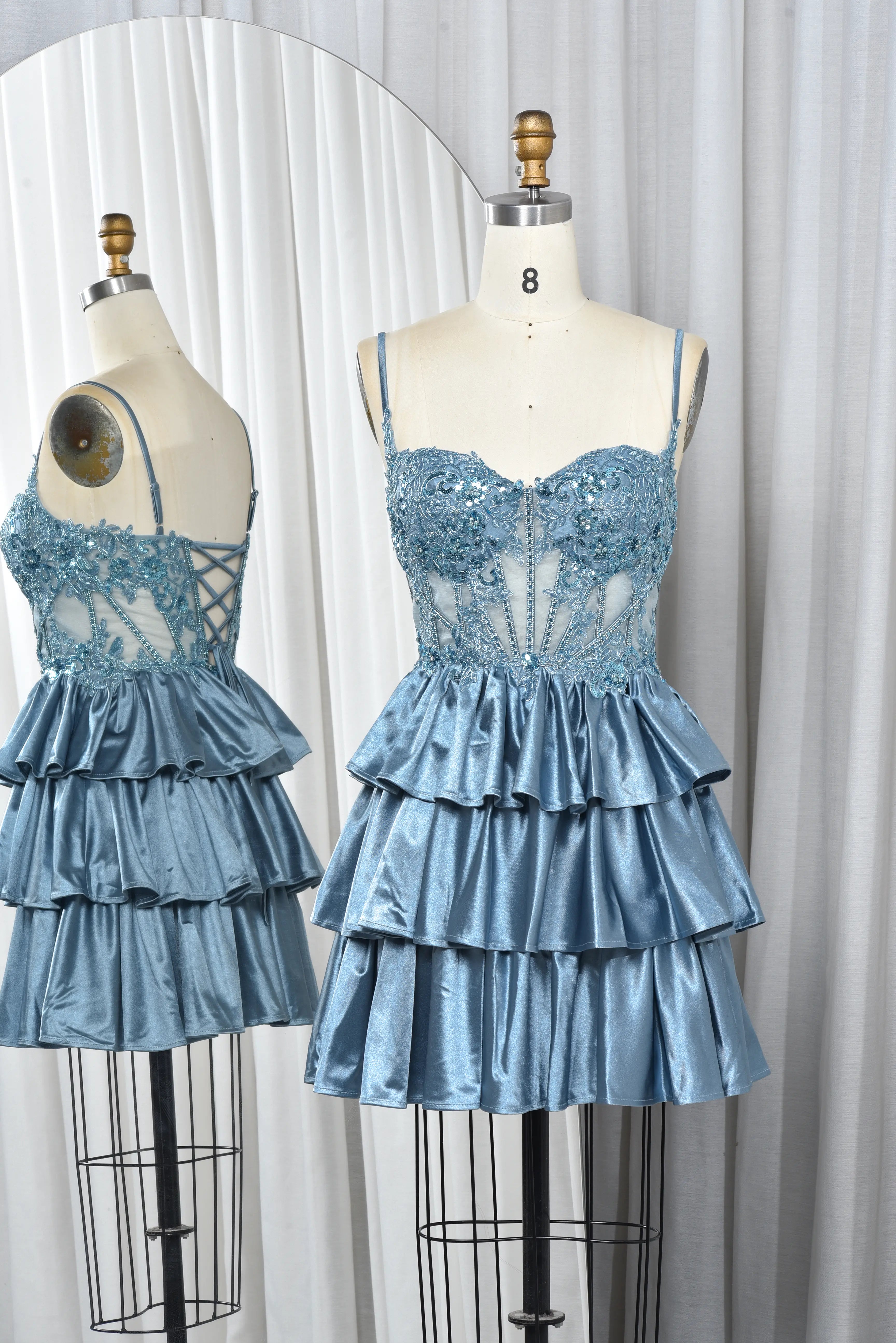 Dusty blue sequin lace corset babydoll dress with tiered satin ruffles and lace bodice