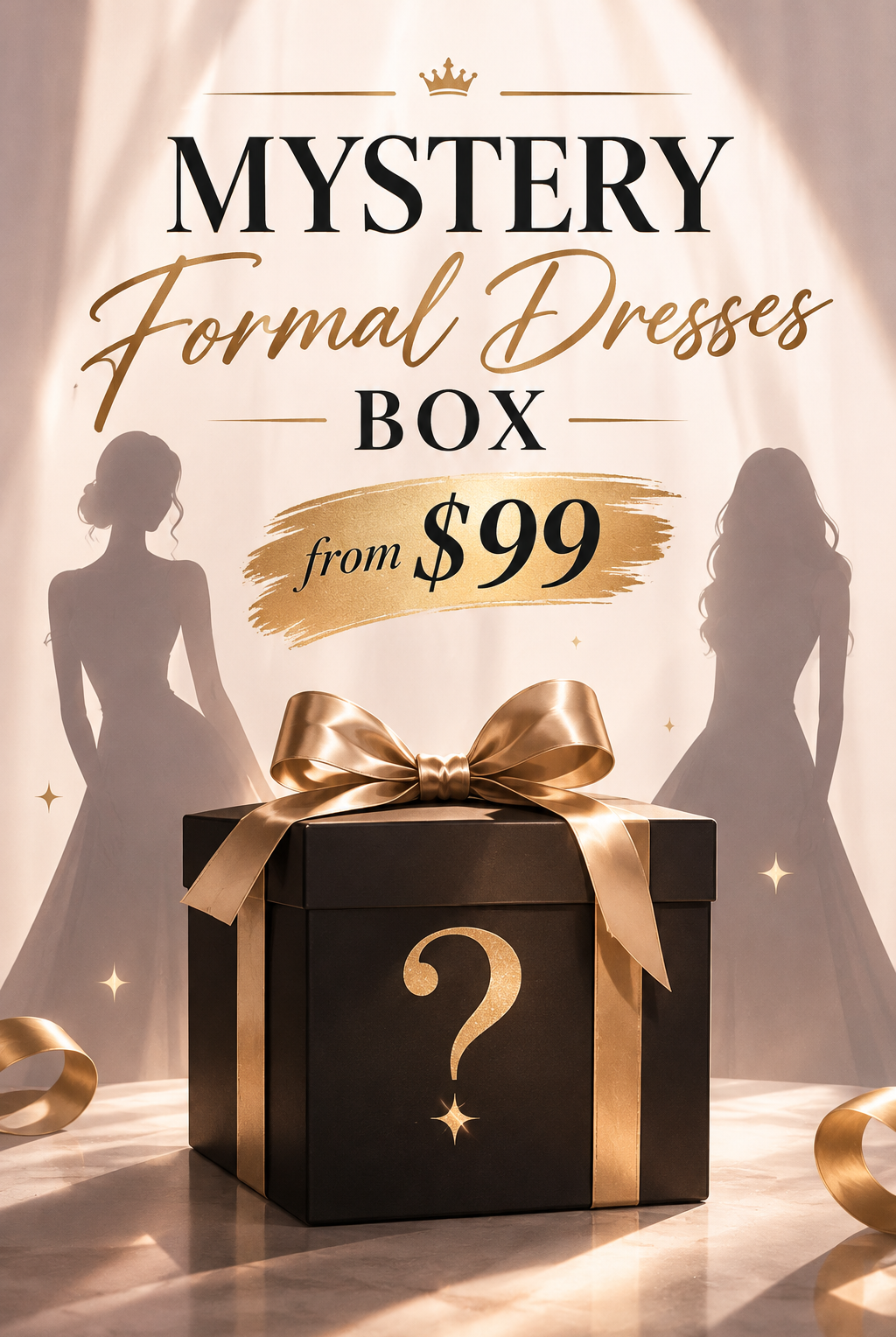 Mystery formal dress gift box with gold ribbon bow and question mark on front