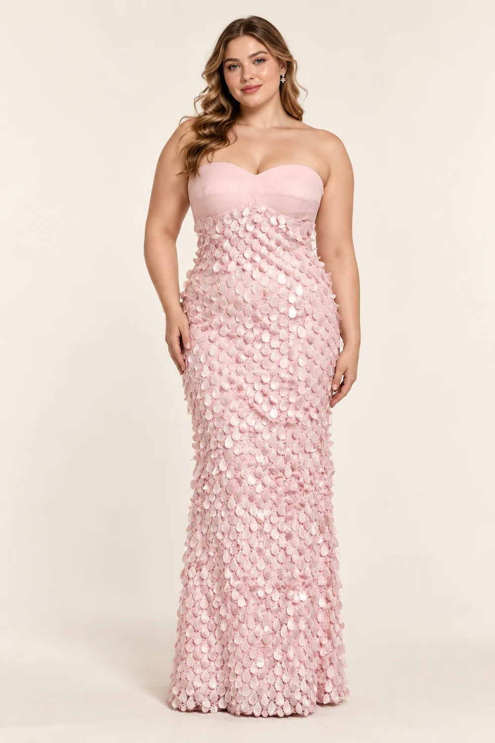 Plus-size pink strapless sequin maxi dress with sweetheart neckline