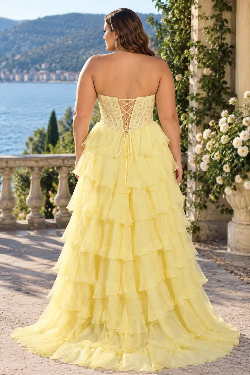 Yellow plus-size tiered ruffle gown, back crisscross lace detail